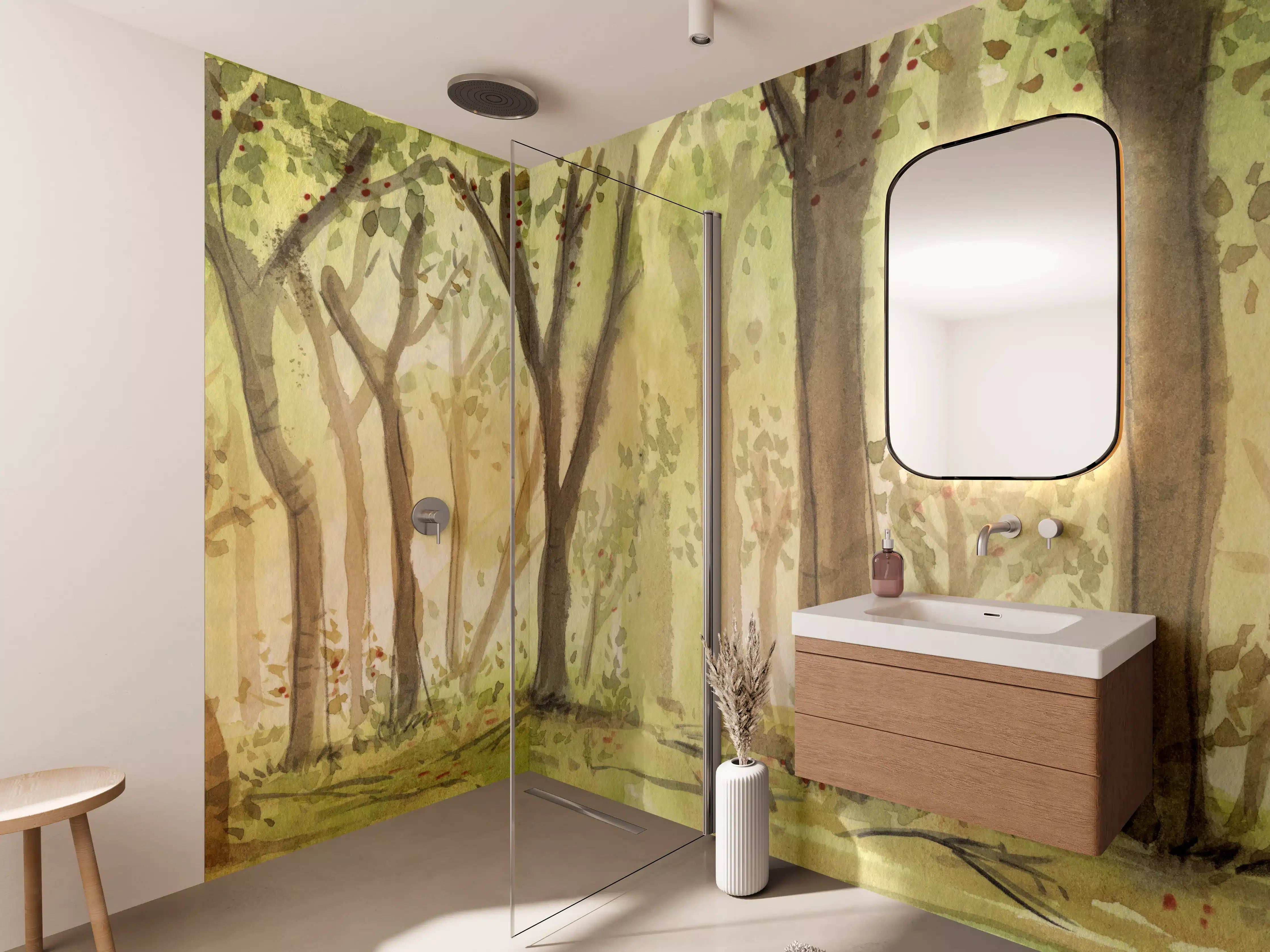 Wandverkleidung Bad - heller Aquarell Wald