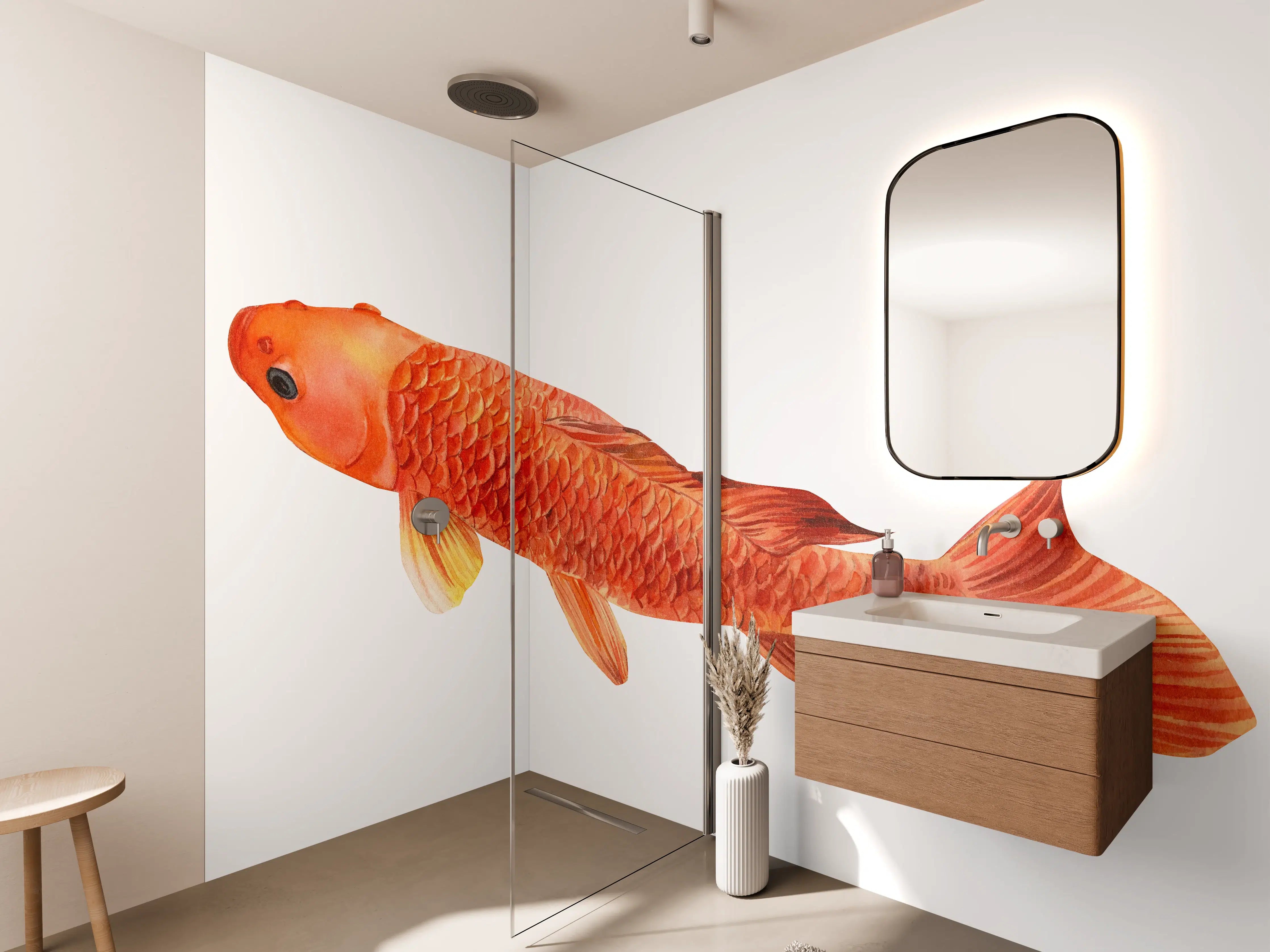 Wandverkleidung Bad - orangefarbener Koi