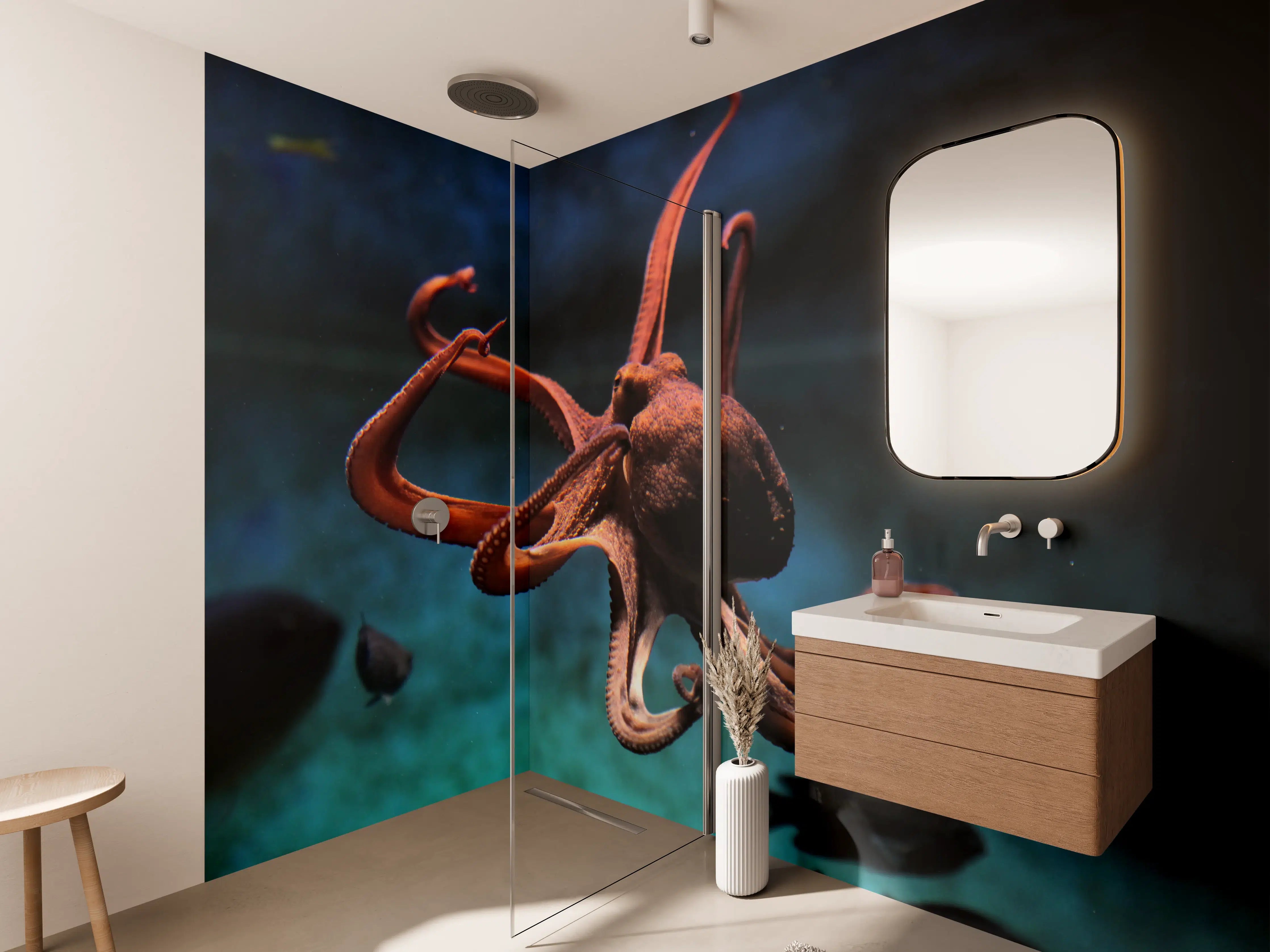 Wandverkleidung Bad - rötlicher Oktopus Unterwasser