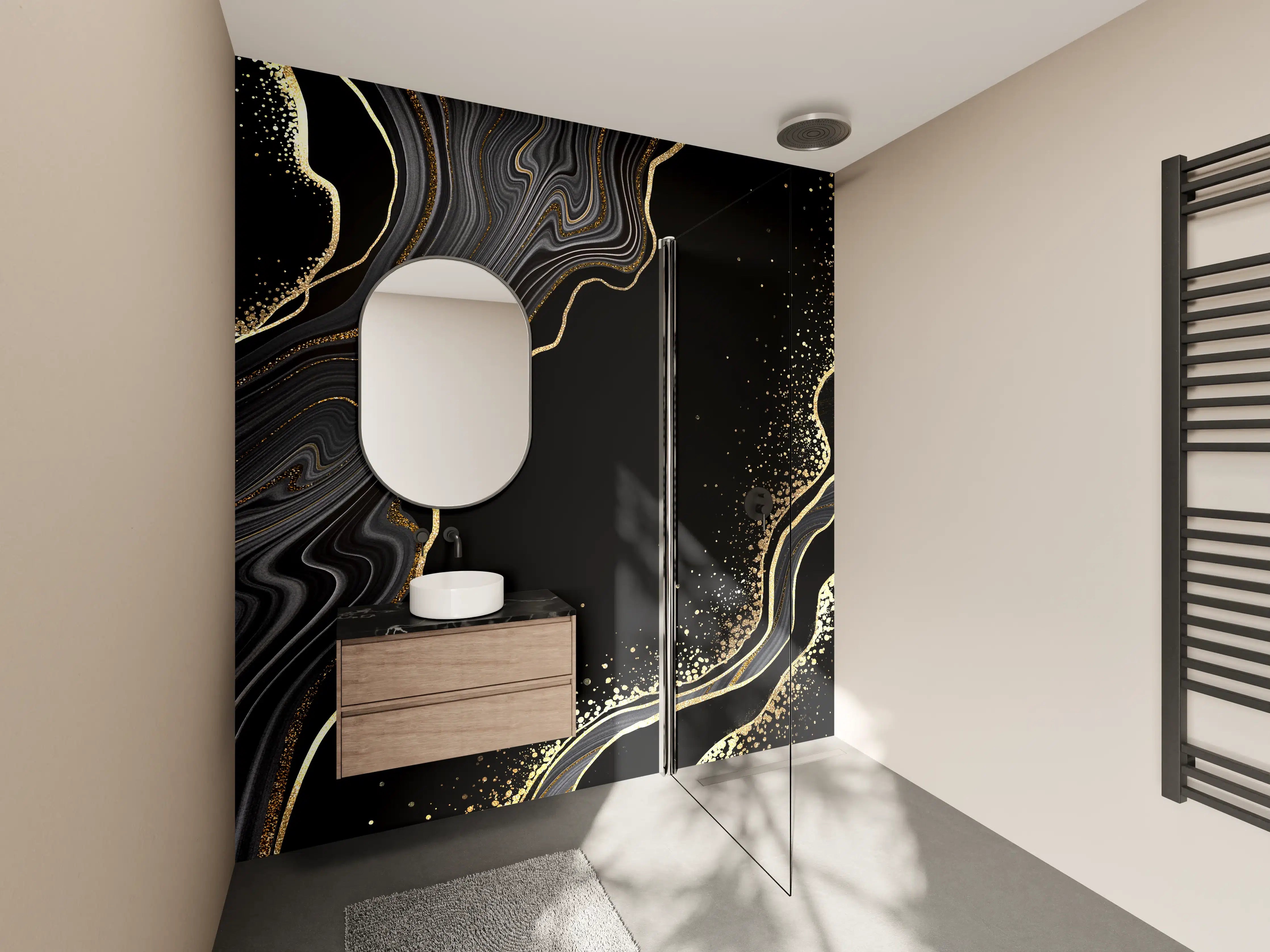 Wandverkleidung Bad - schwarzer Achat Hintergrund mit goldenen Adern
