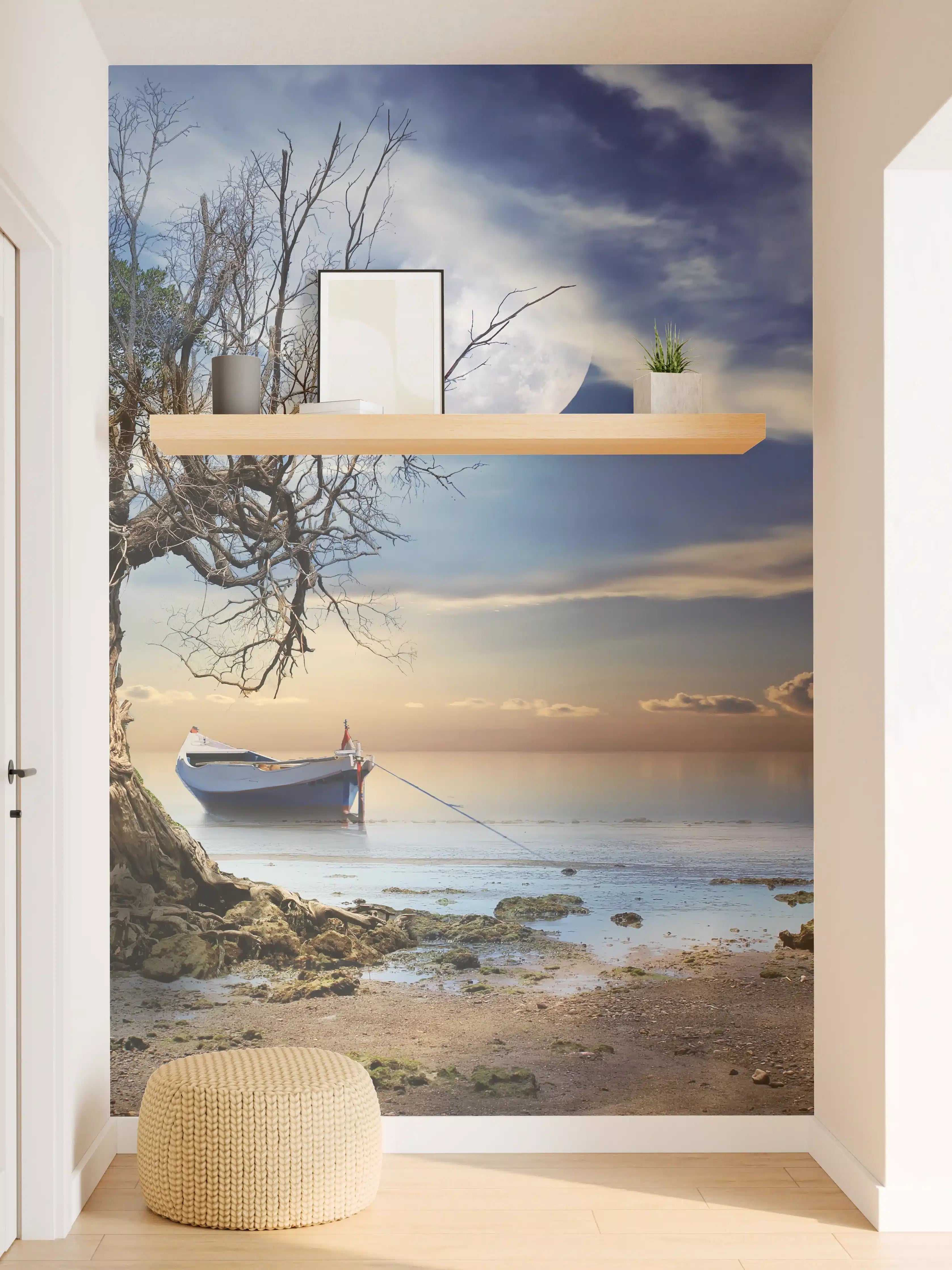 Wandverkleidung Flur - Abendliches Landschaftsbild mit Boot und Baum