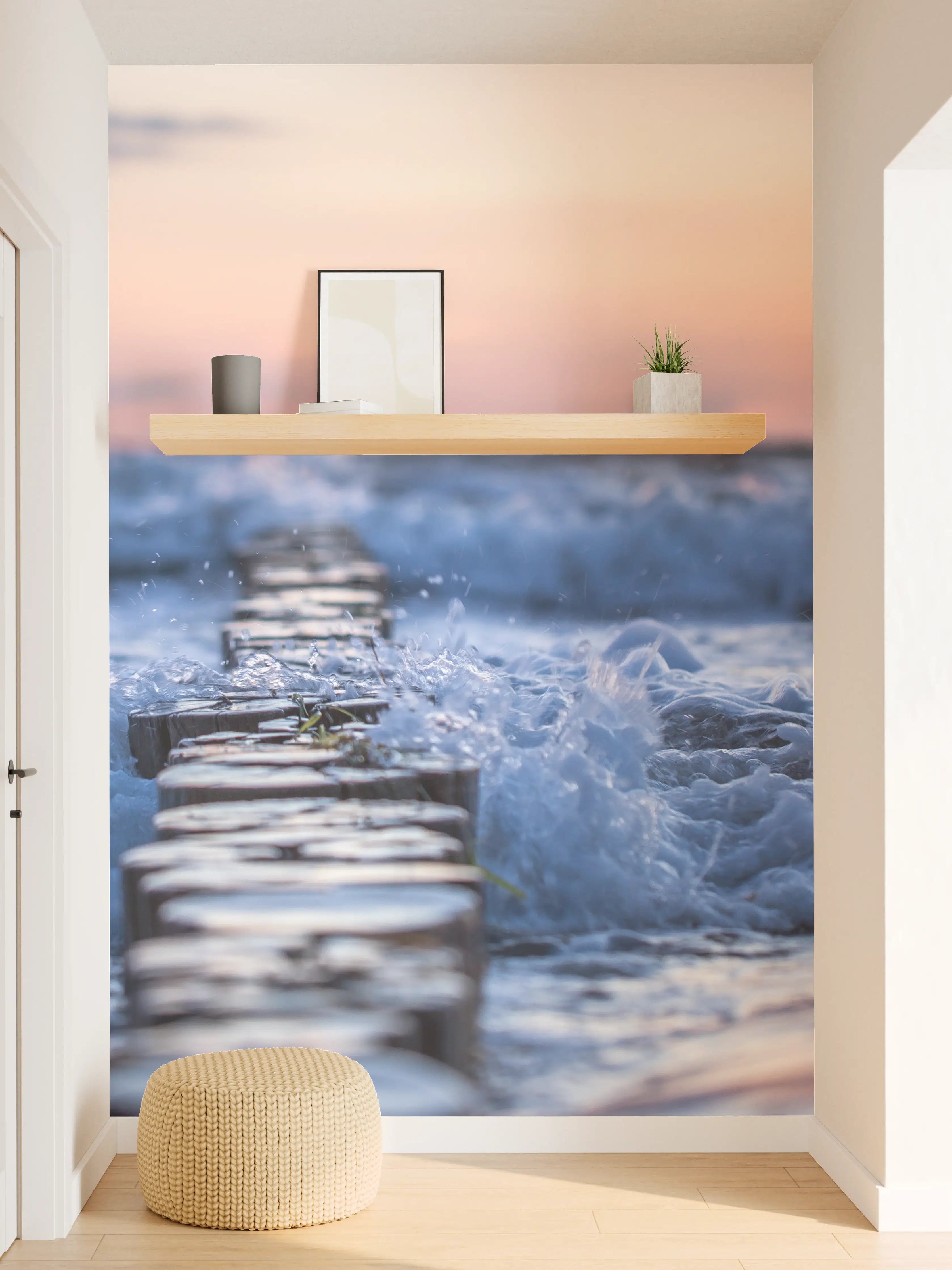 Wandverkleidung Flur - Abendstimmung am Meer mit Holzsteg