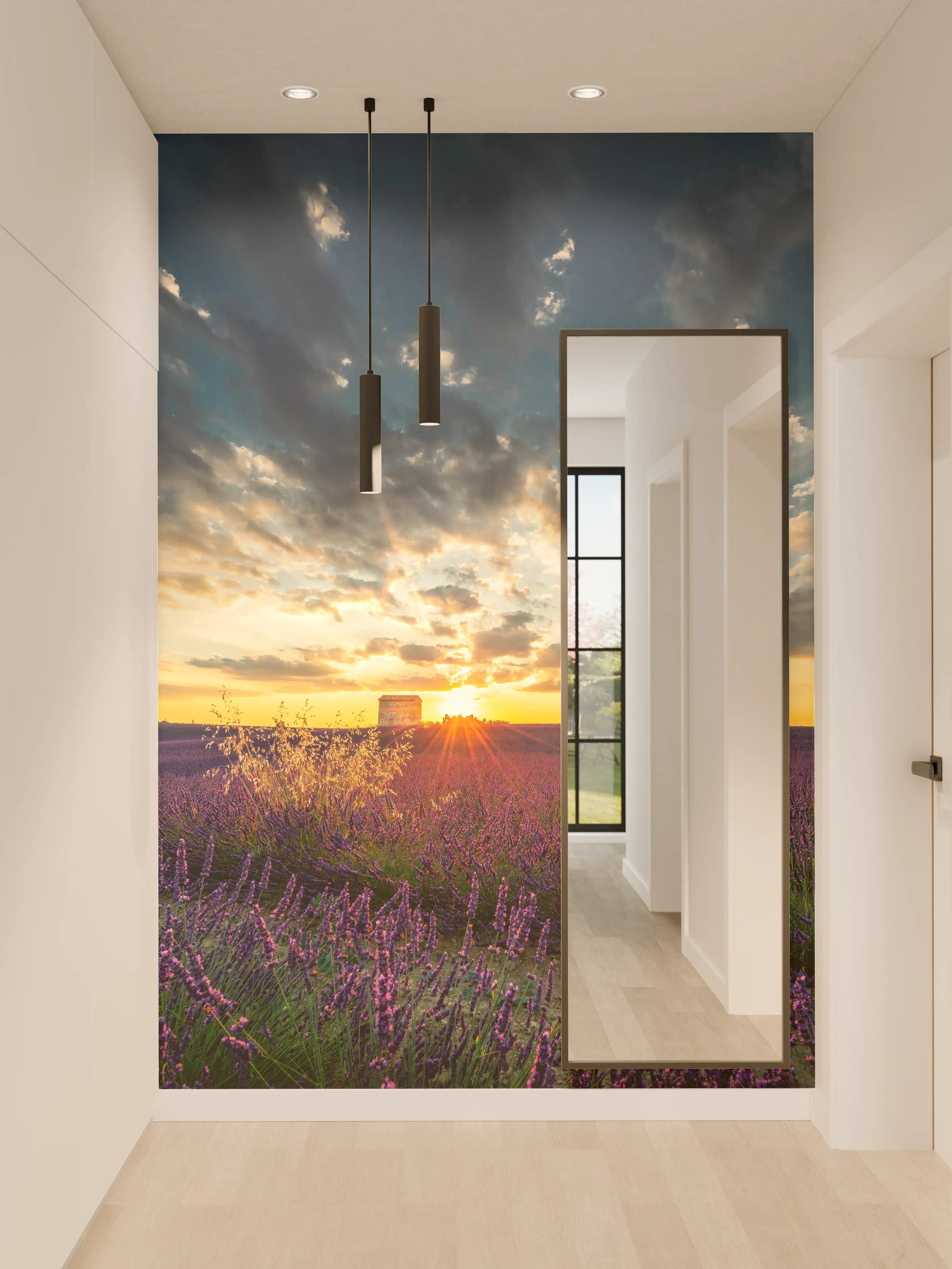 Wandverkleidung Flur - Abendstimmung über Lavendelfeldern bei Sonnenuntergang