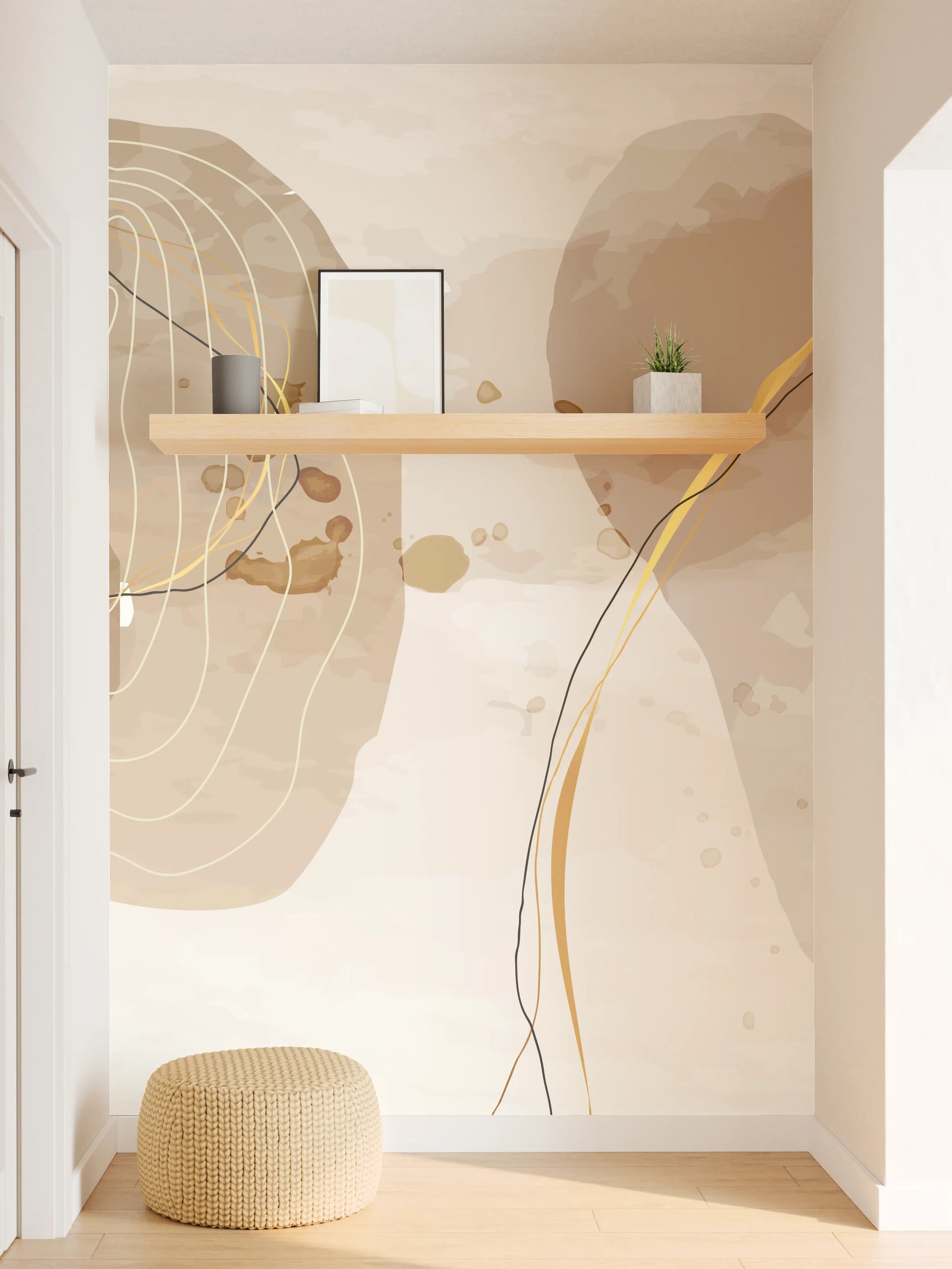 Wandverkleidung Flur - Abstrakte Beige-Braune Linienkunst