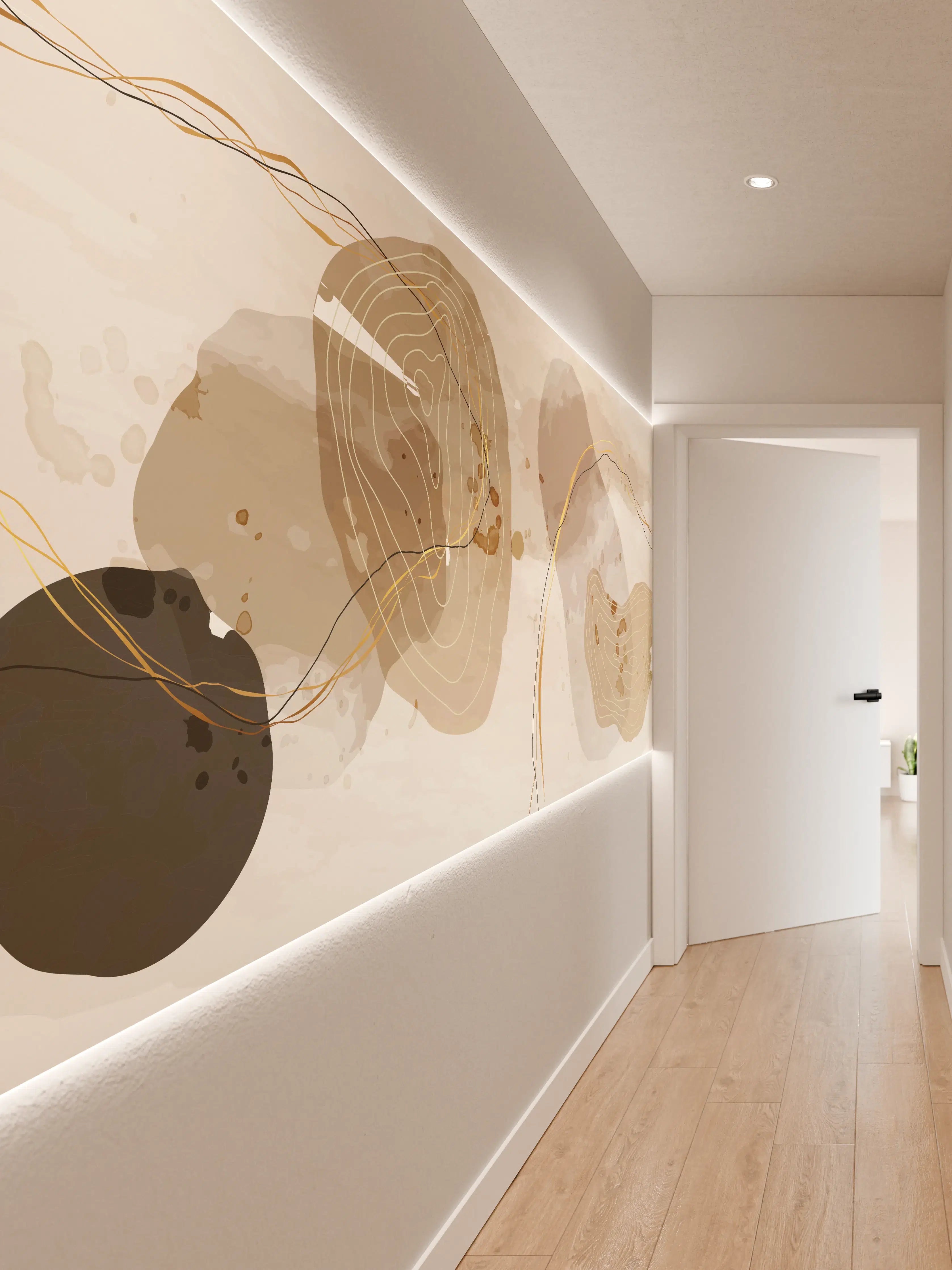 Wandverkleidung Flur - Abstrakte Beige-Braune Linienkunst