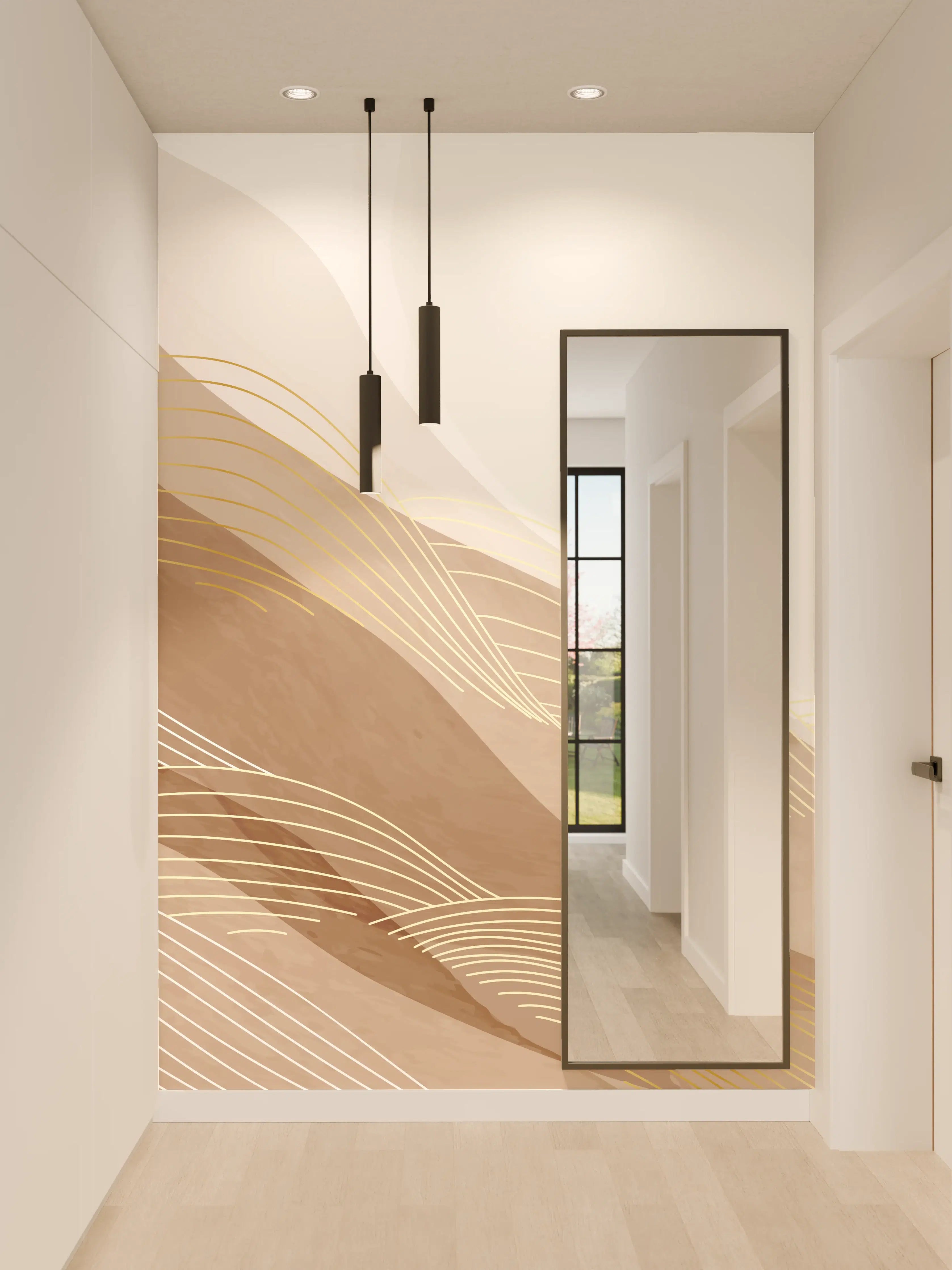 Wandverkleidung Flur - Abstrakte Beige Linien Kunst