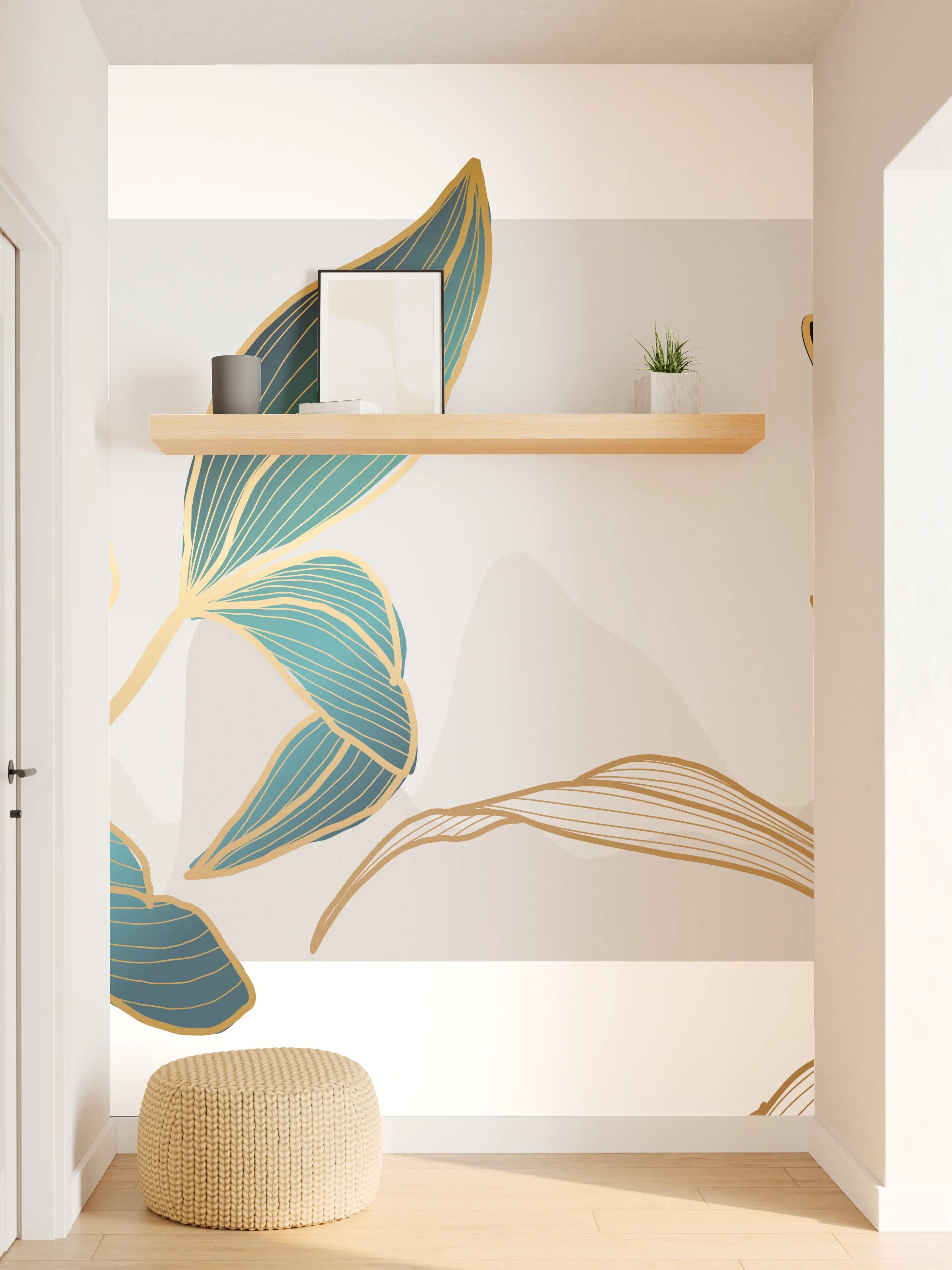 Wandverkleidung Flur - Abstrakte Blumen Gold-Blau Illustration