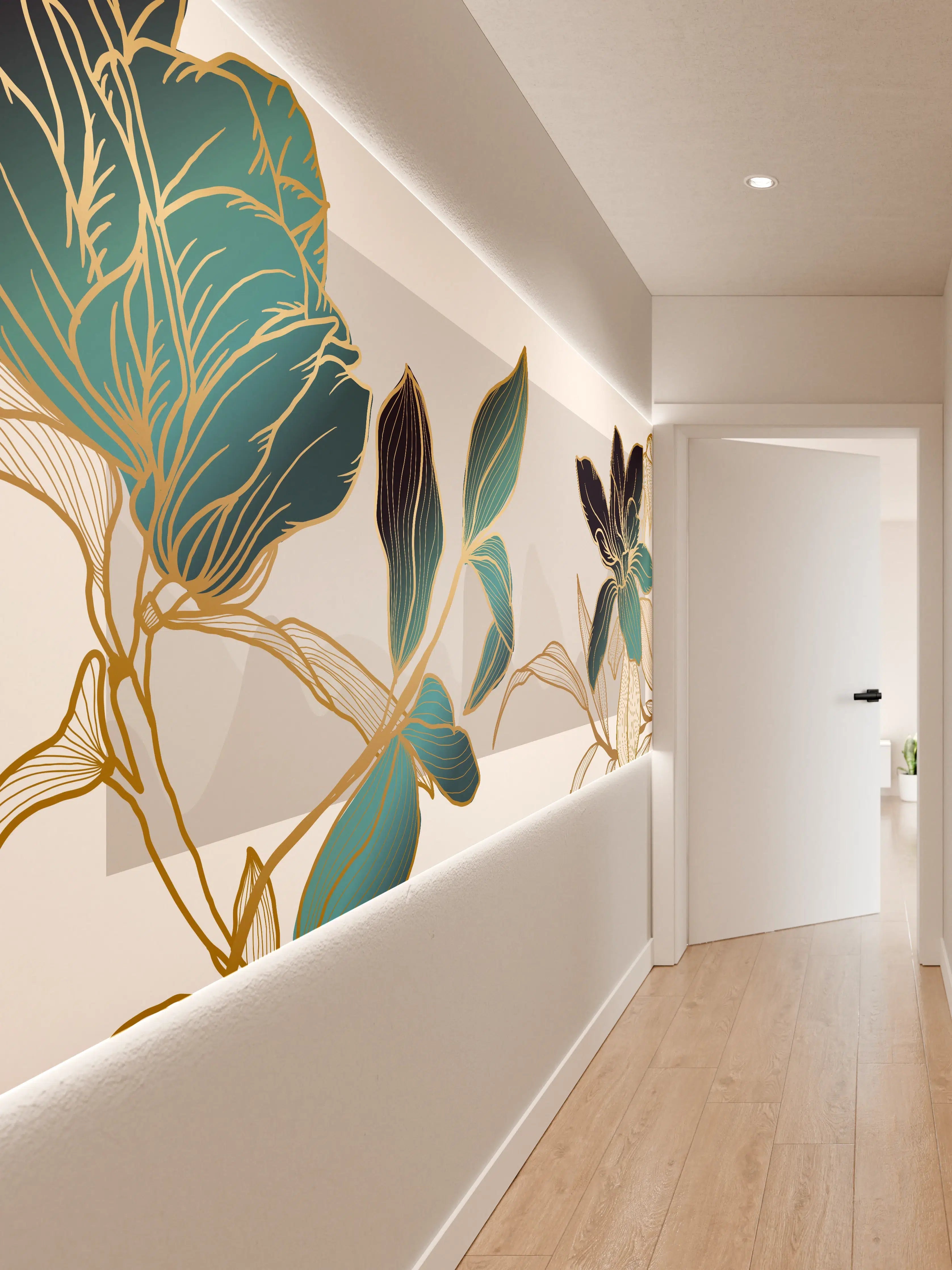 Wandverkleidung Flur - Abstrakte Blumen Gold-Blau Illustration