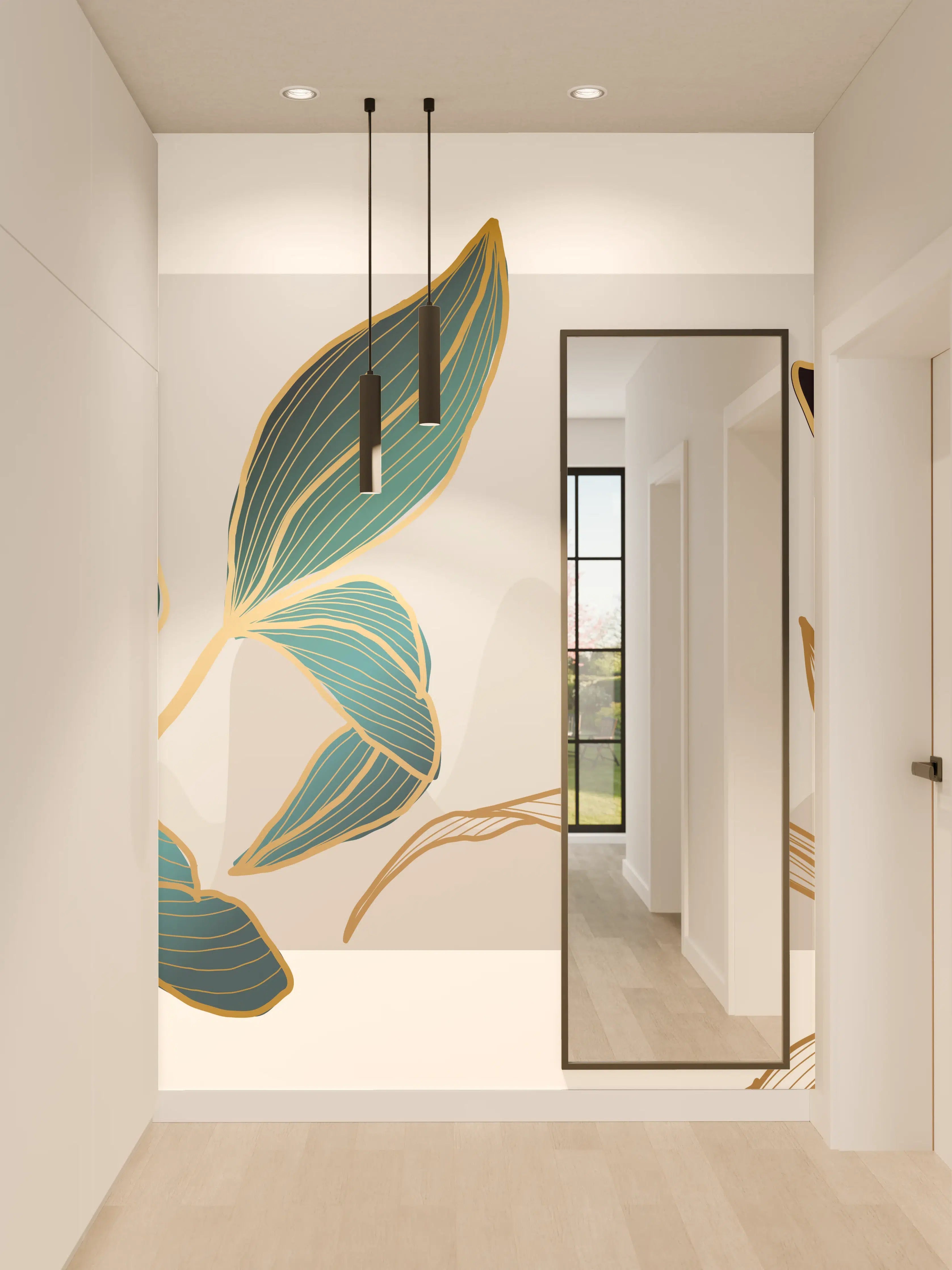 Wandverkleidung Flur - Abstrakte Blumen Gold-Blau Illustration