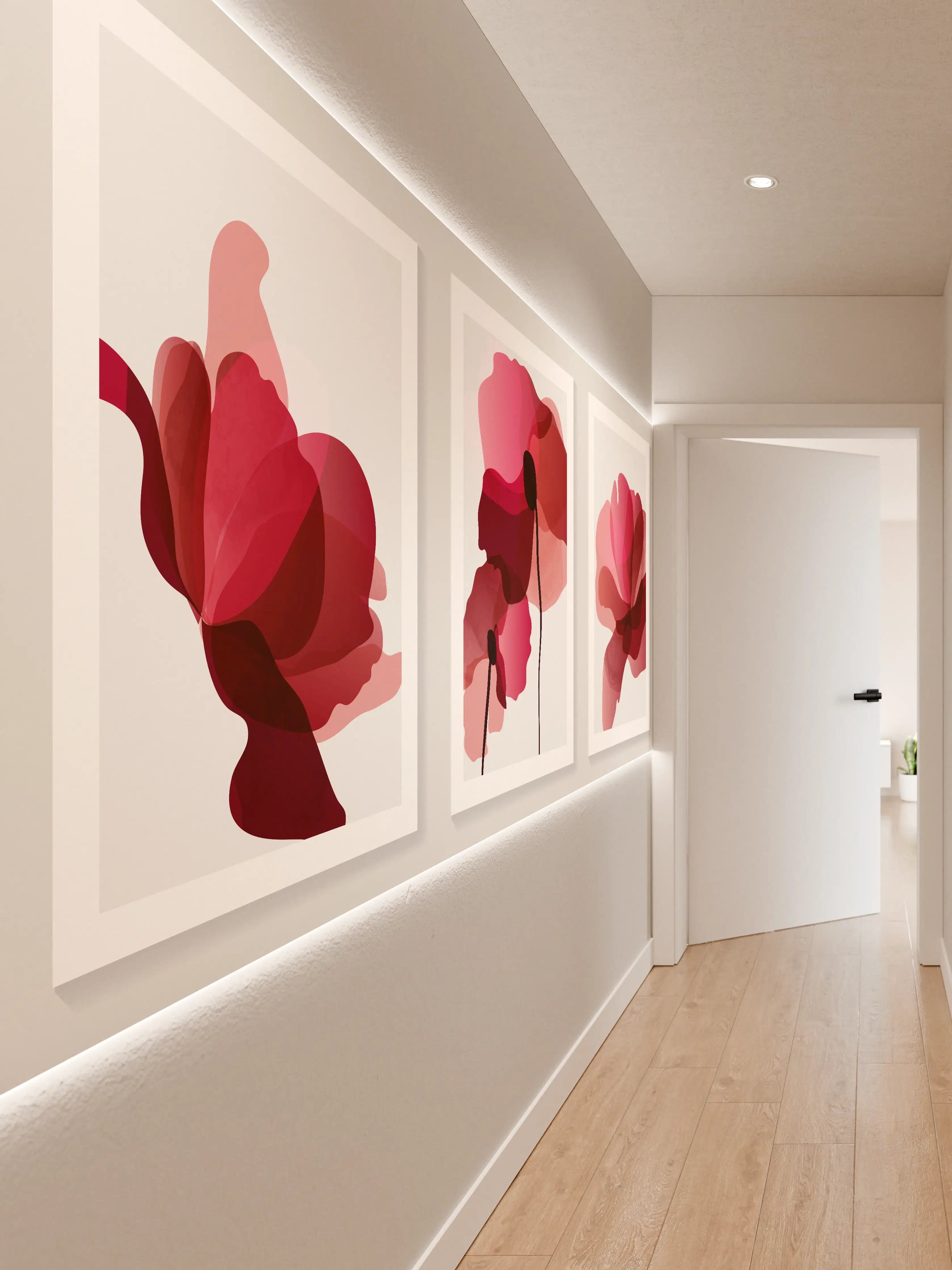 Wandverkleidung Flur - Abstrakte Blumen Triptychon Rot