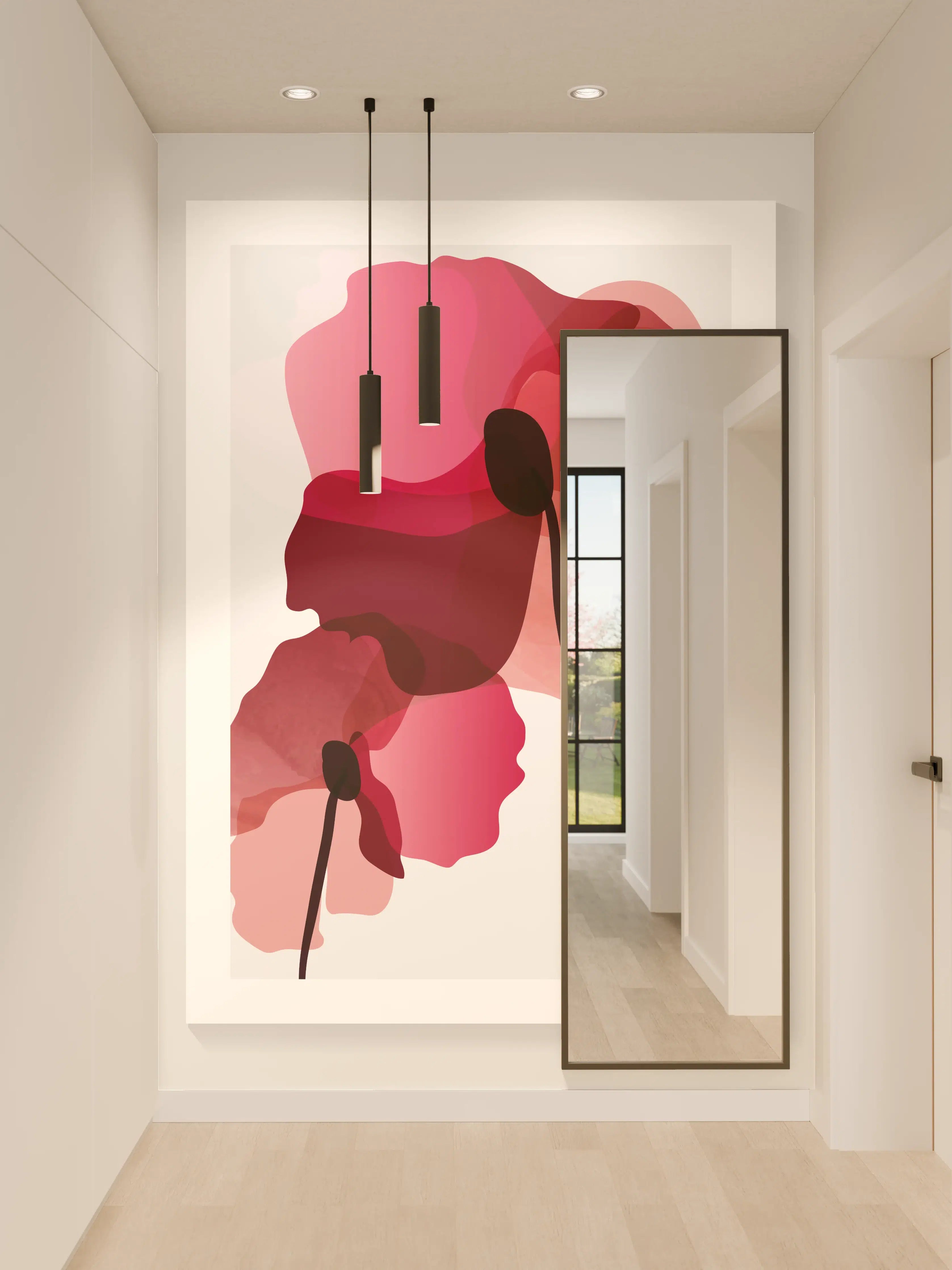 Wandverkleidung Flur - Abstrakte Blumen Triptychon Rot