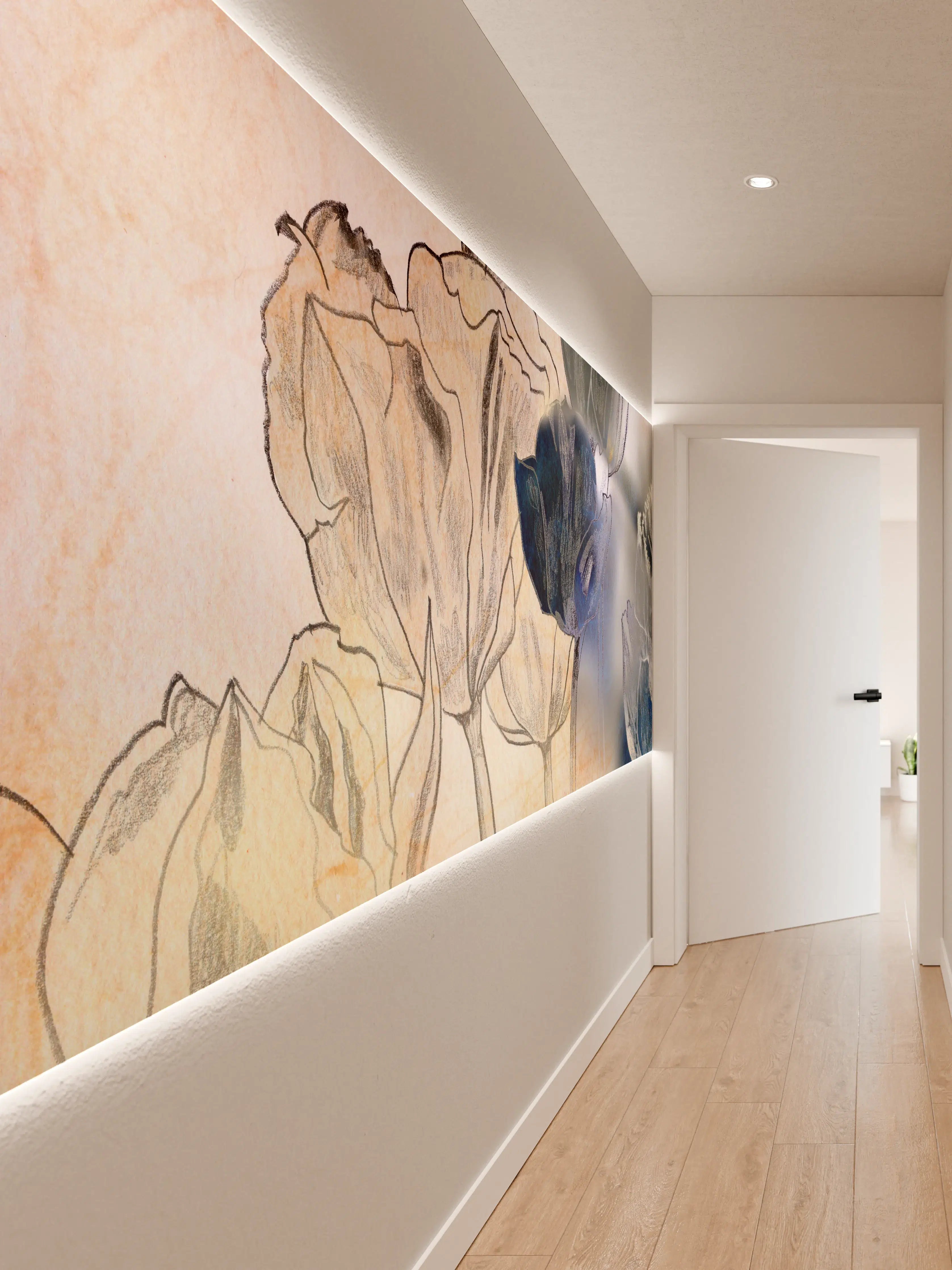 Wandverkleidung Flur - Abstrakte Blumenkunst in Blau und Beige