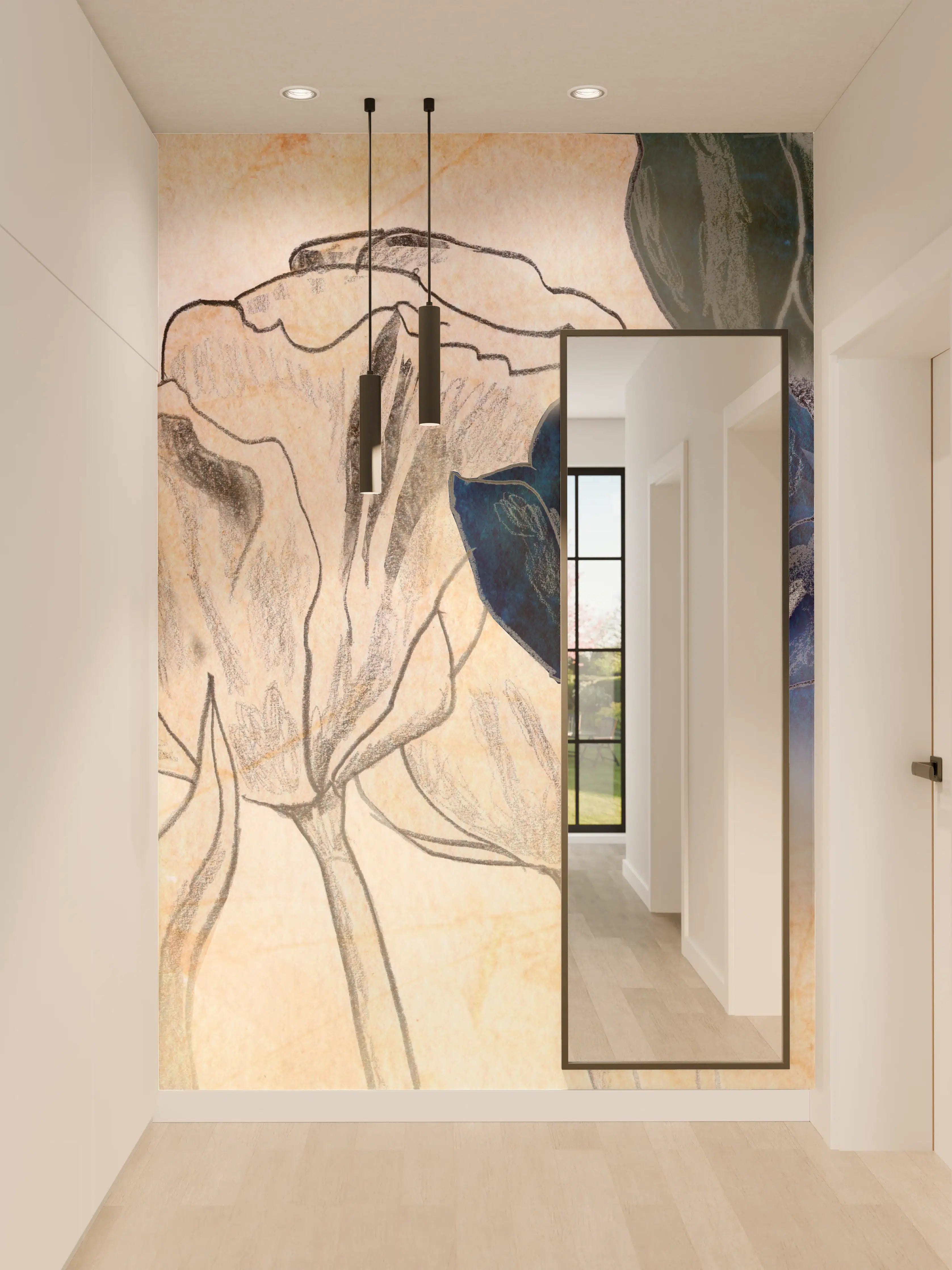 Wandverkleidung Flur - Abstrakte Blumenkunst in Blau und Beige