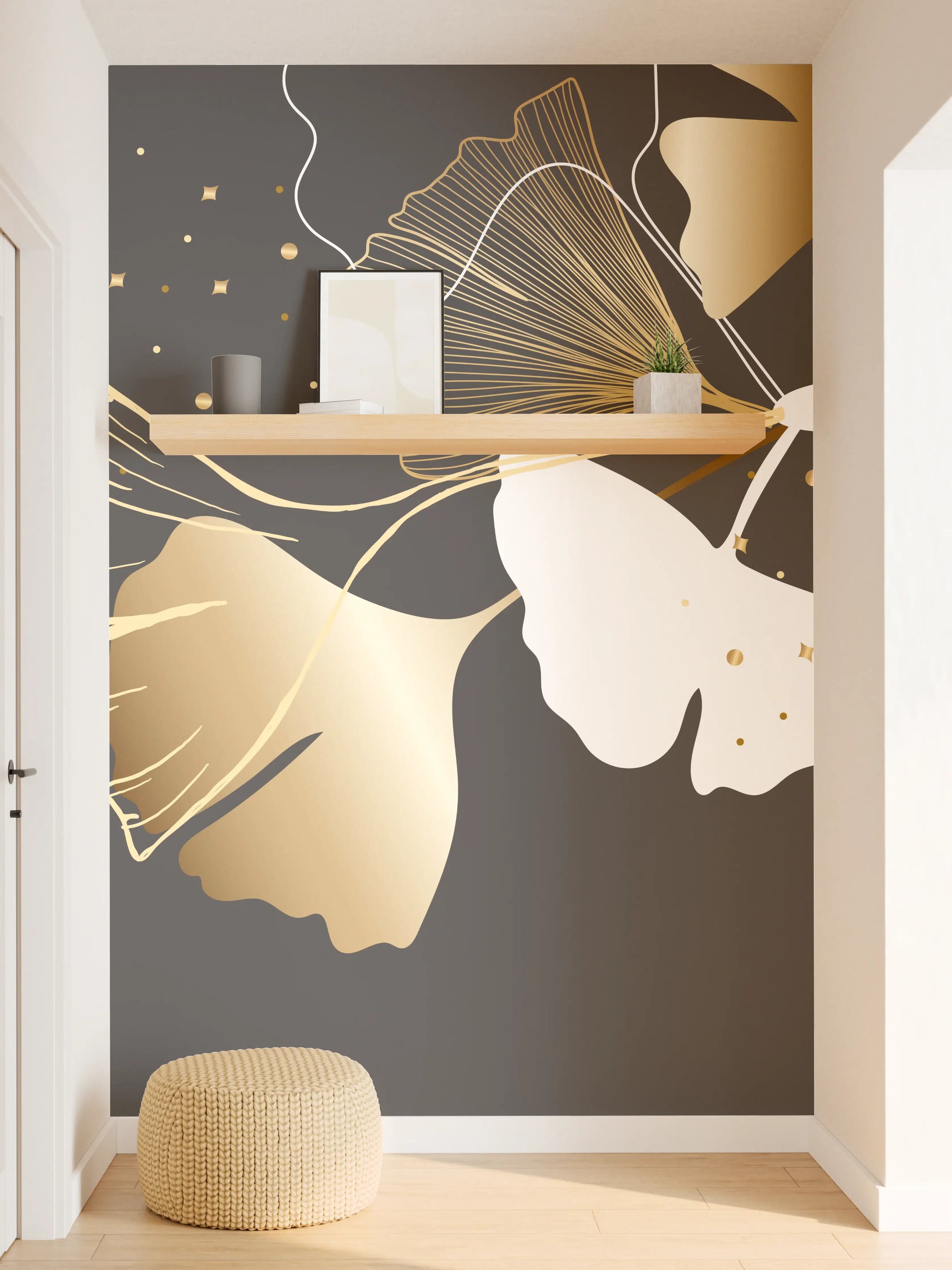 Wandverkleidung Flur - Abstrakte Ginkgo Muster Gold Schwarz