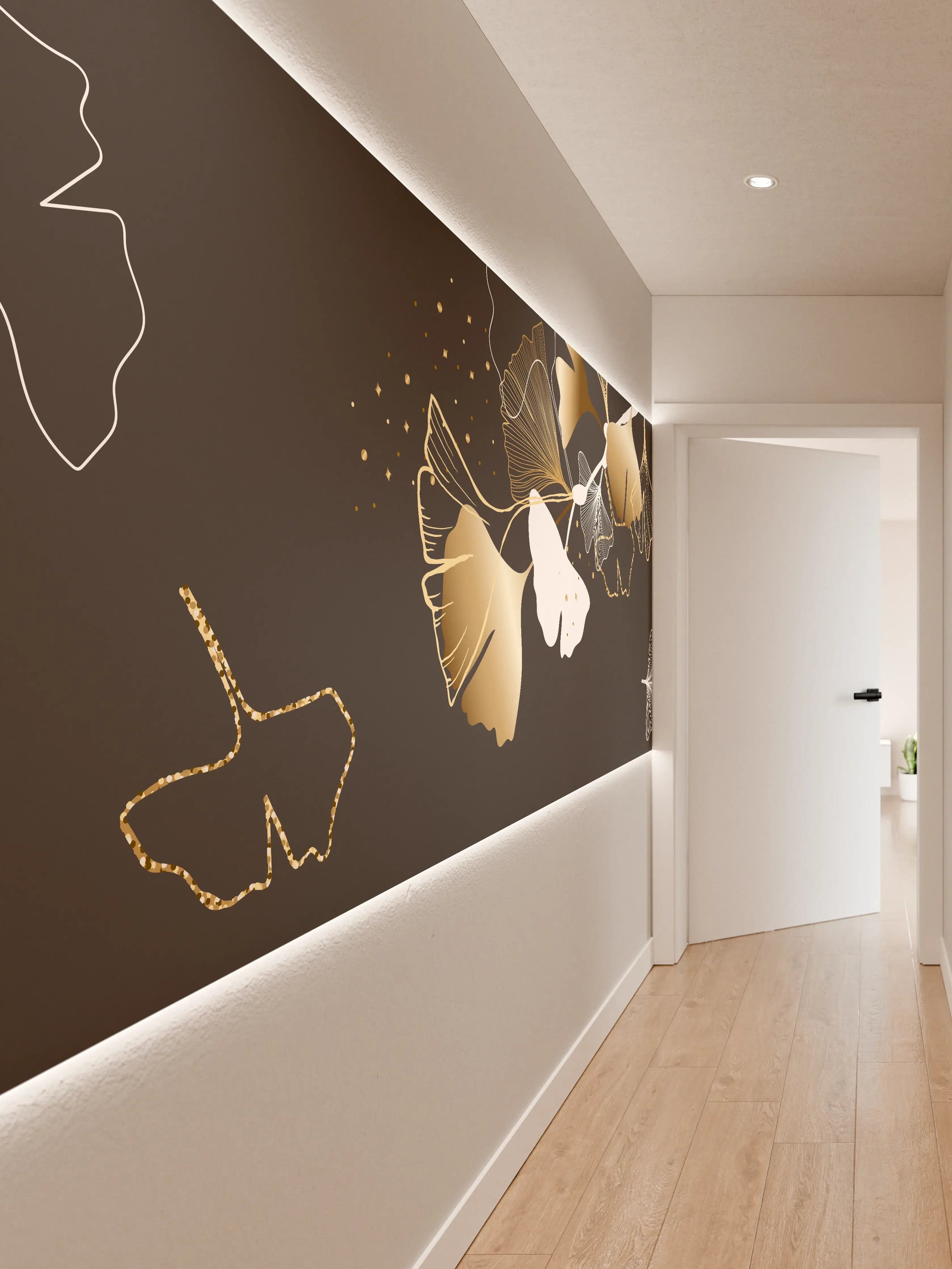 Wandverkleidung Flur - Abstrakte Ginkgo Muster Gold Schwarz