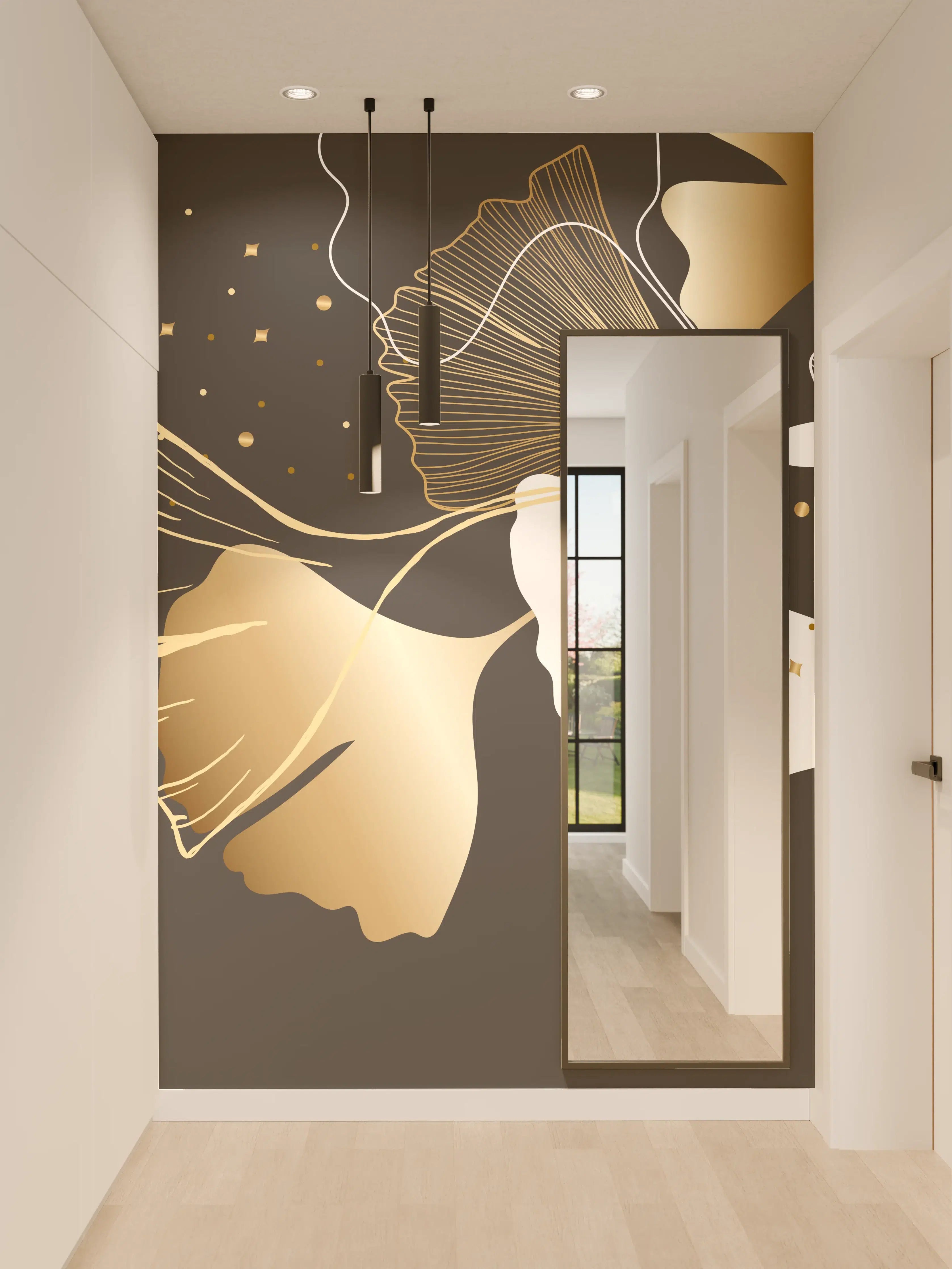 Wandverkleidung Flur - Abstrakte Ginkgo Muster Gold Schwarz