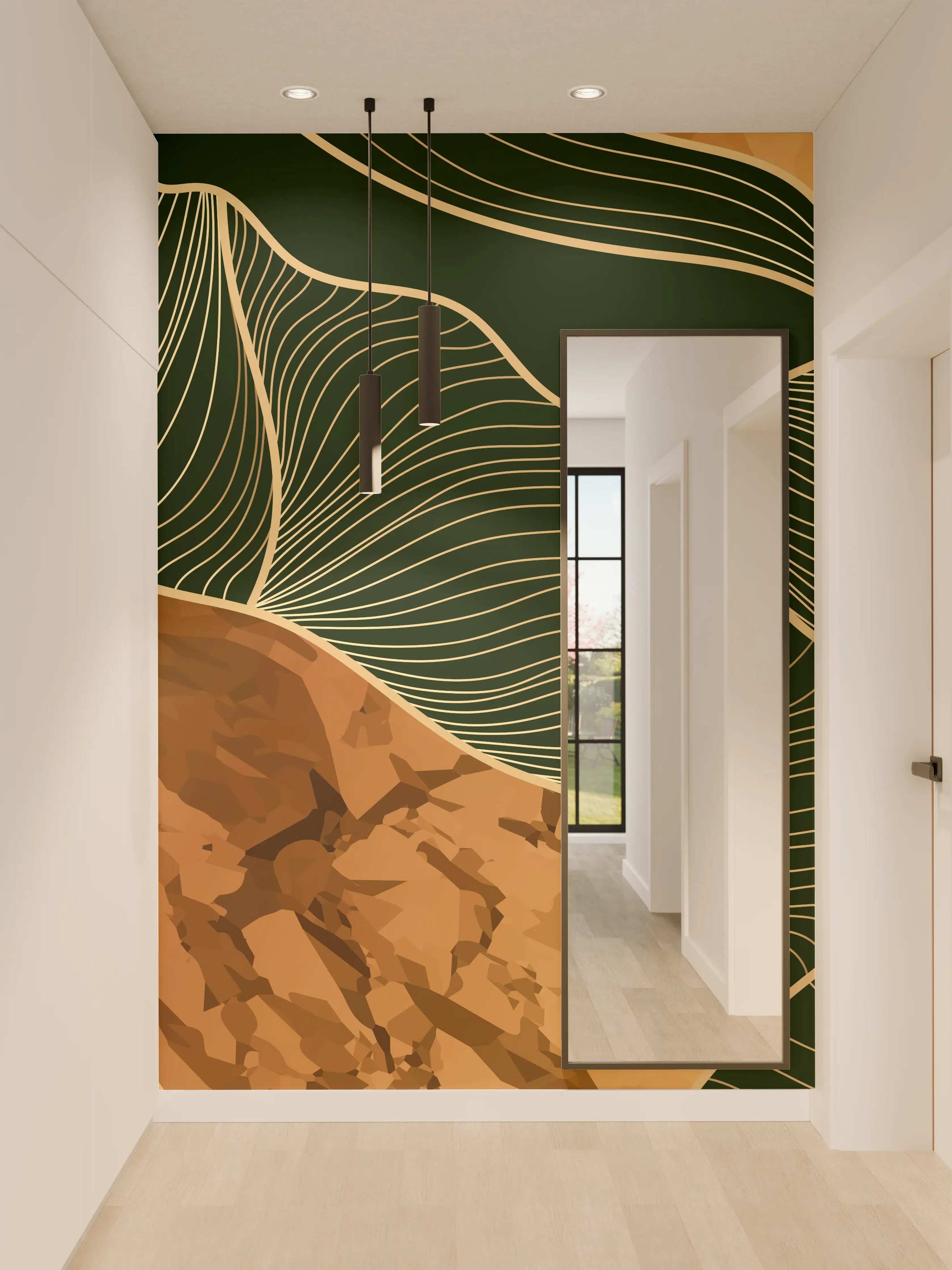 Wandverkleidung Flur - Abstrakte Goldbraun-Linien Kunst