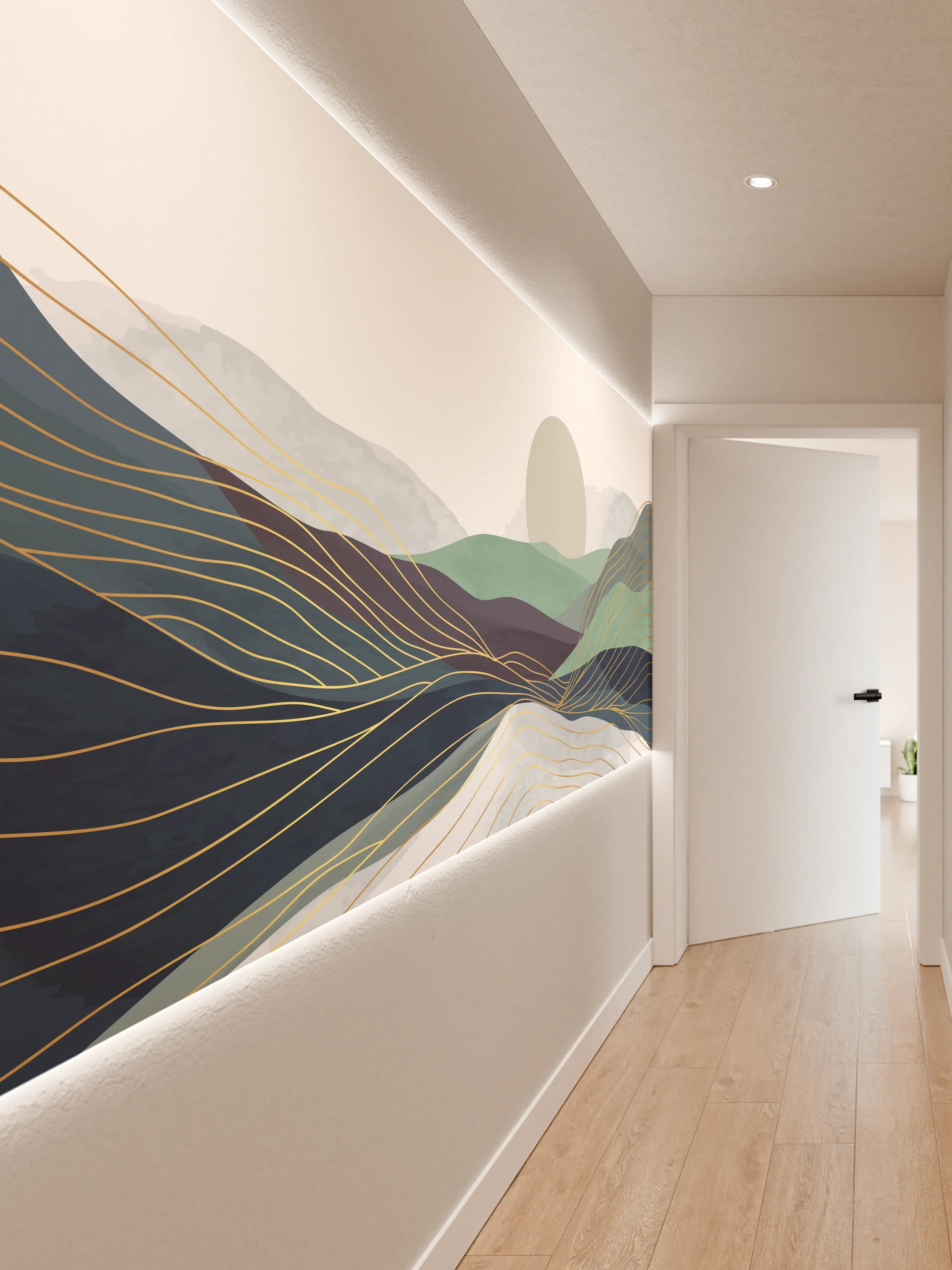 Wandverkleidung Flur - Abstrakte Hügellandschaft in Pastell