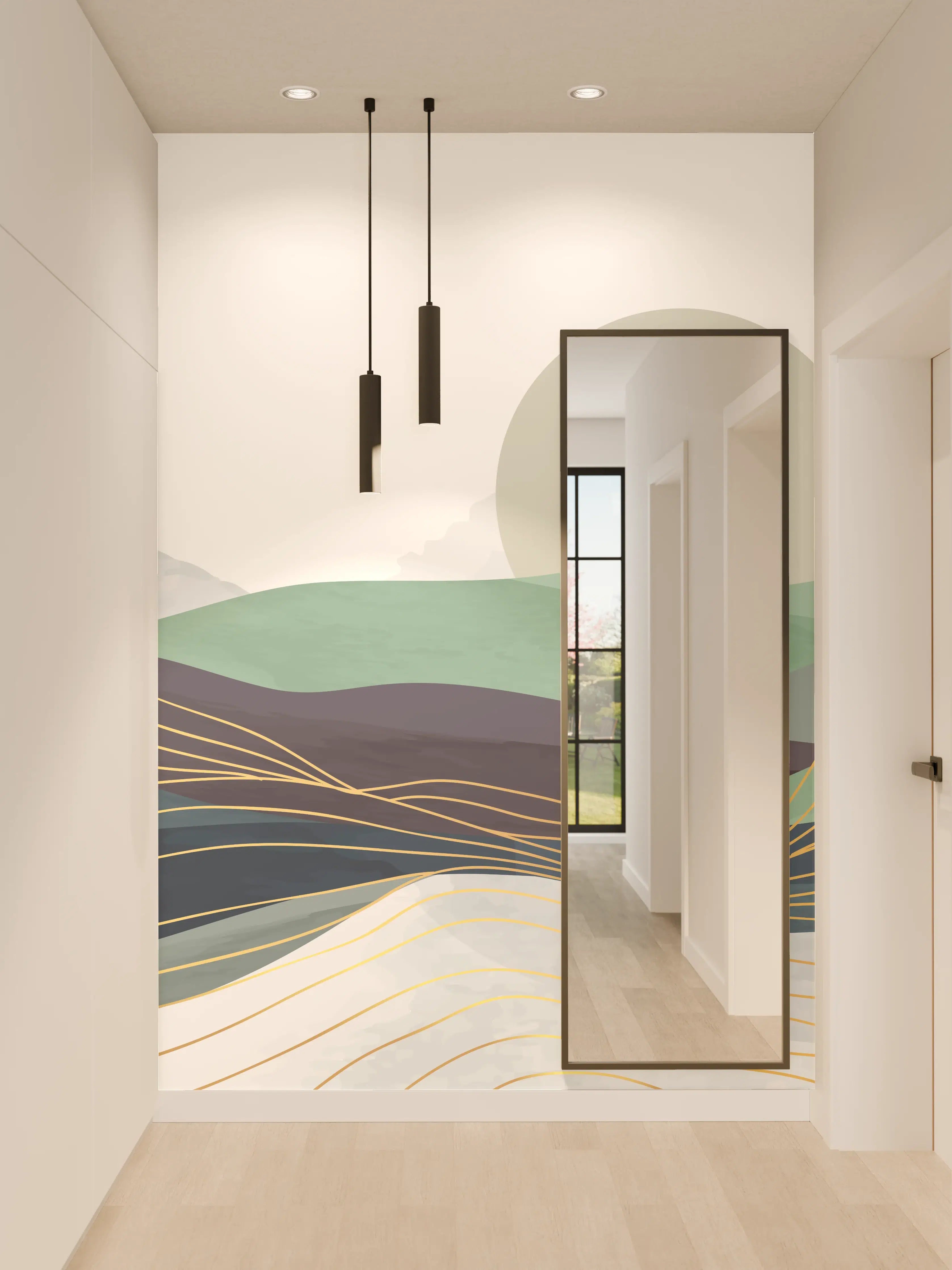 Wandverkleidung Flur - Abstrakte Hügellandschaft in Pastell