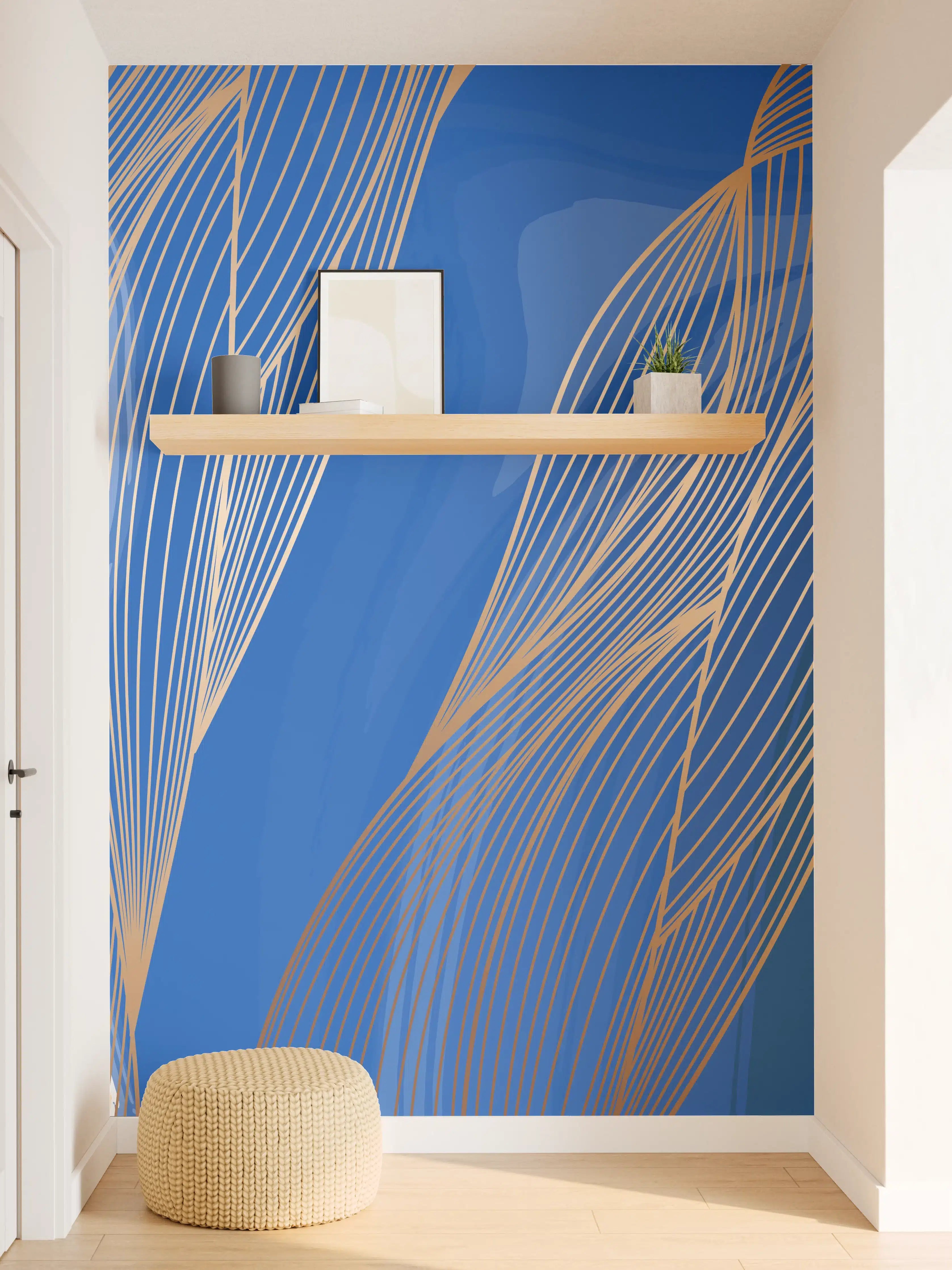 Wandverkleidung Flur - Abstrakte Linienkunst in Blau-Gold