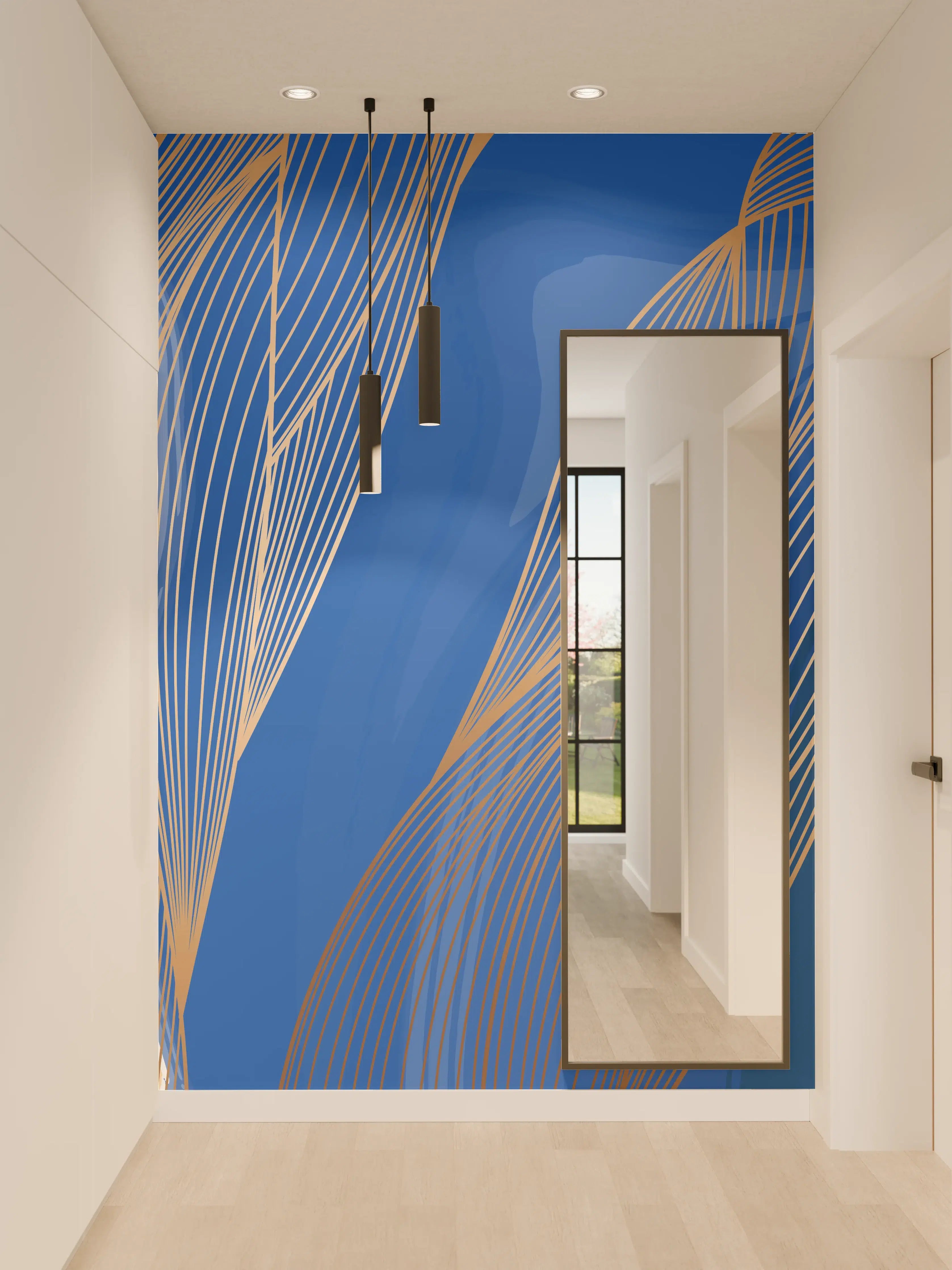 Wandverkleidung Flur - Abstrakte Linienkunst in Blau-Gold