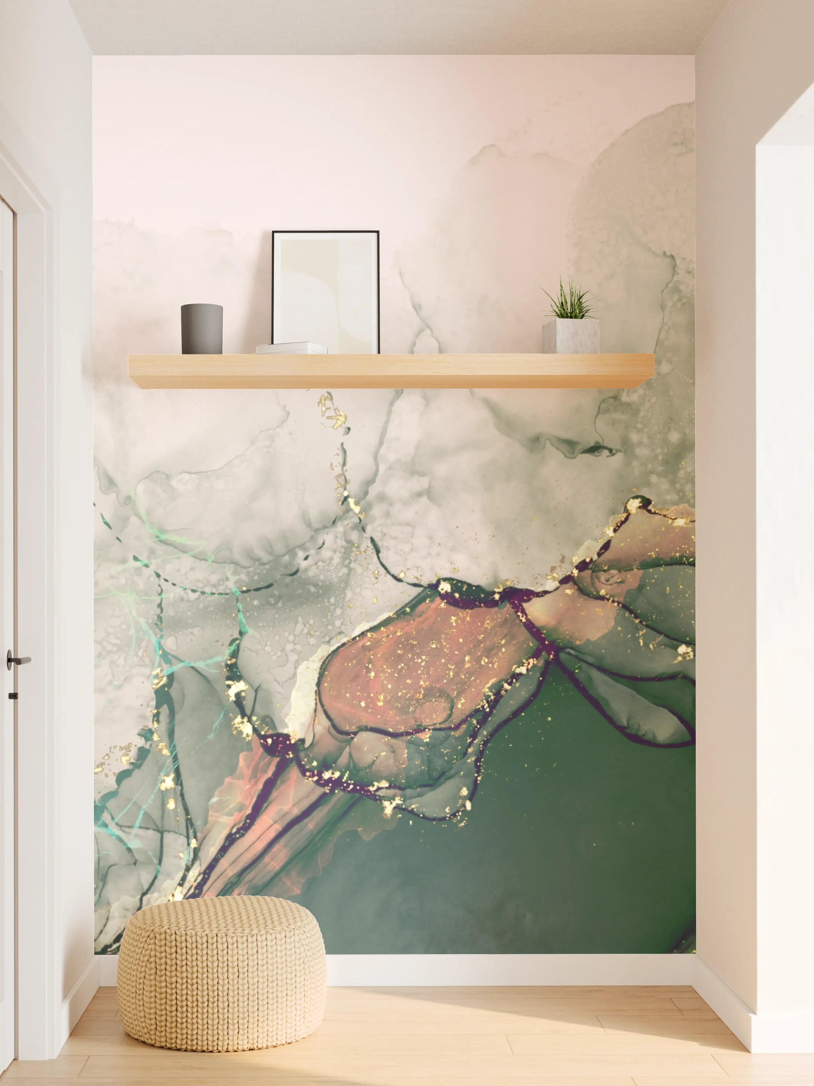 Wandverkleidung Flur - Abstrakte Wasserfarben-Kunst mit sanften Grüntönen