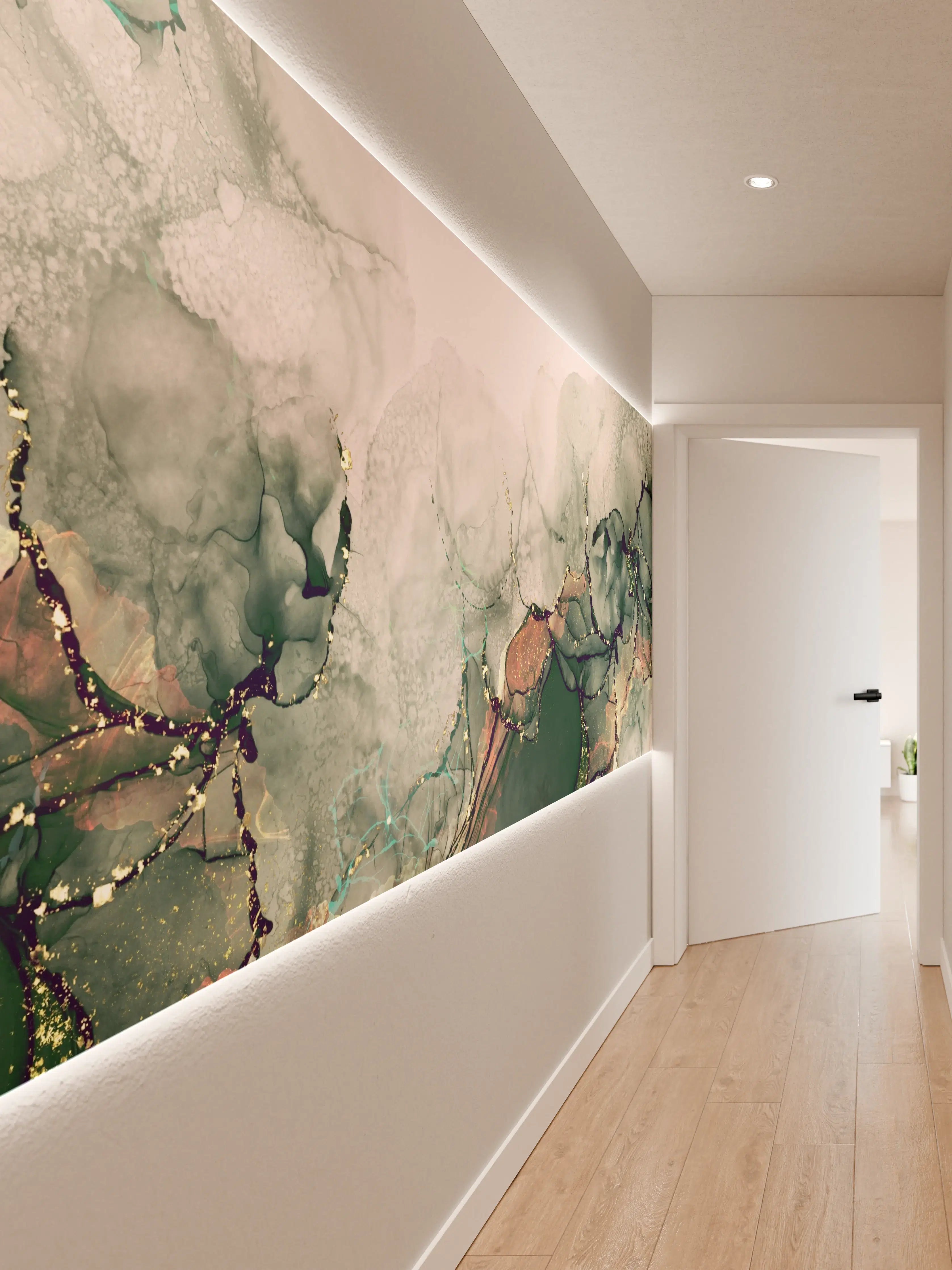 Wandverkleidung Flur - Abstrakte Wasserfarben-Kunst mit sanften Grüntönen