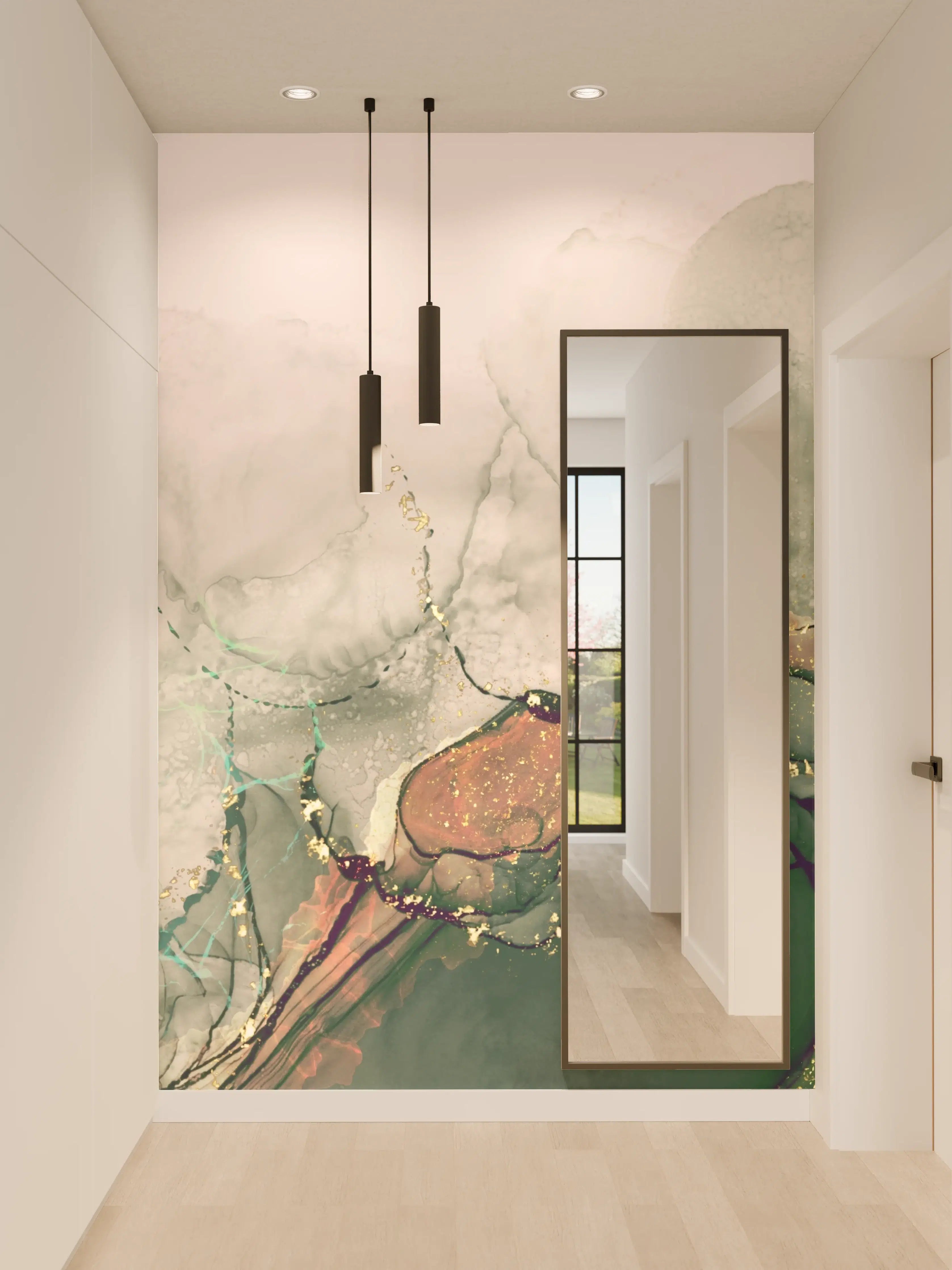 Wandverkleidung Flur - Abstrakte Wasserfarben-Kunst mit sanften Grüntönen