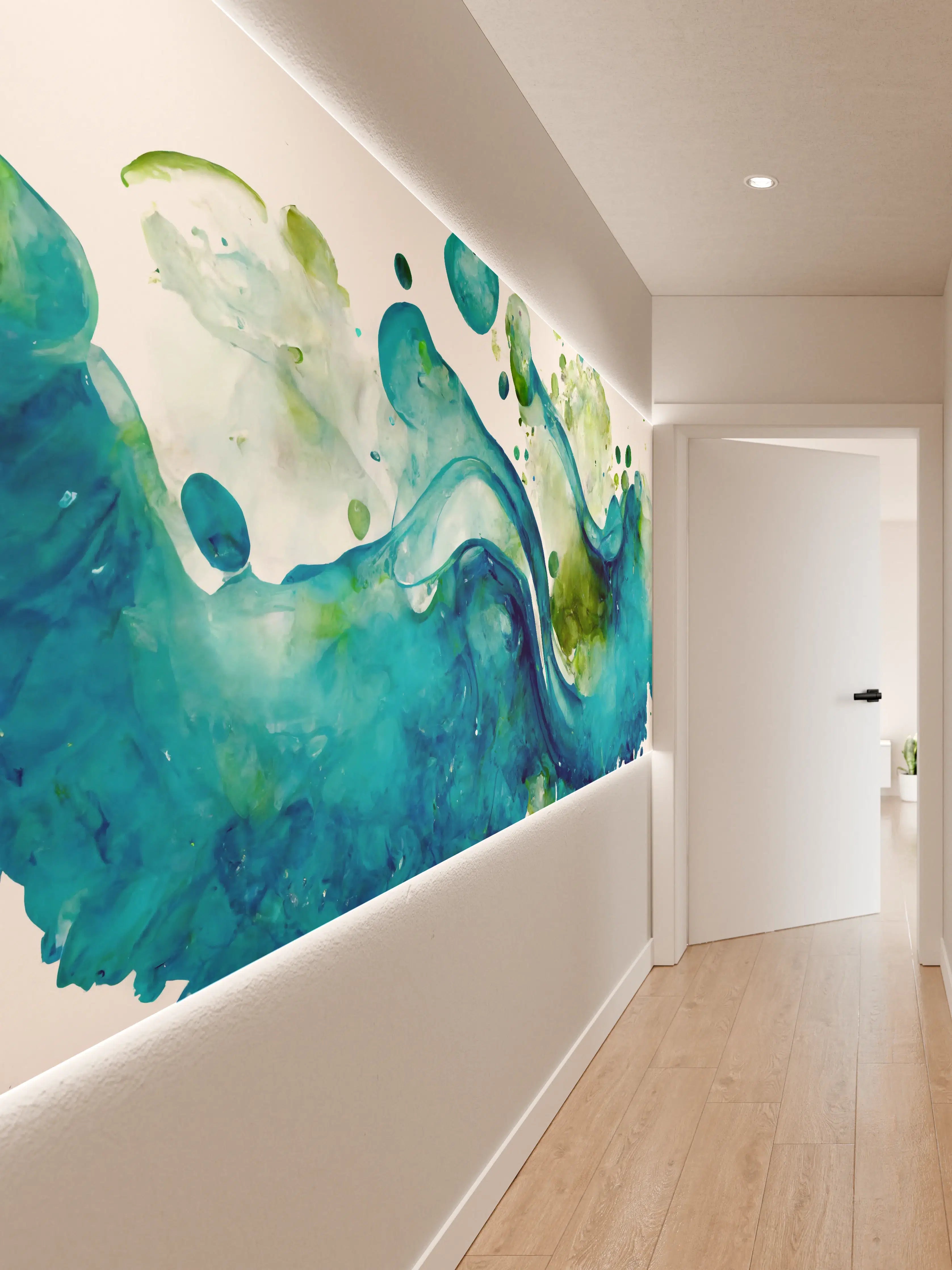 Wandverkleidung Flur - Abstrakte Wasserfarbenkunst mit Blau- und Grüntönen