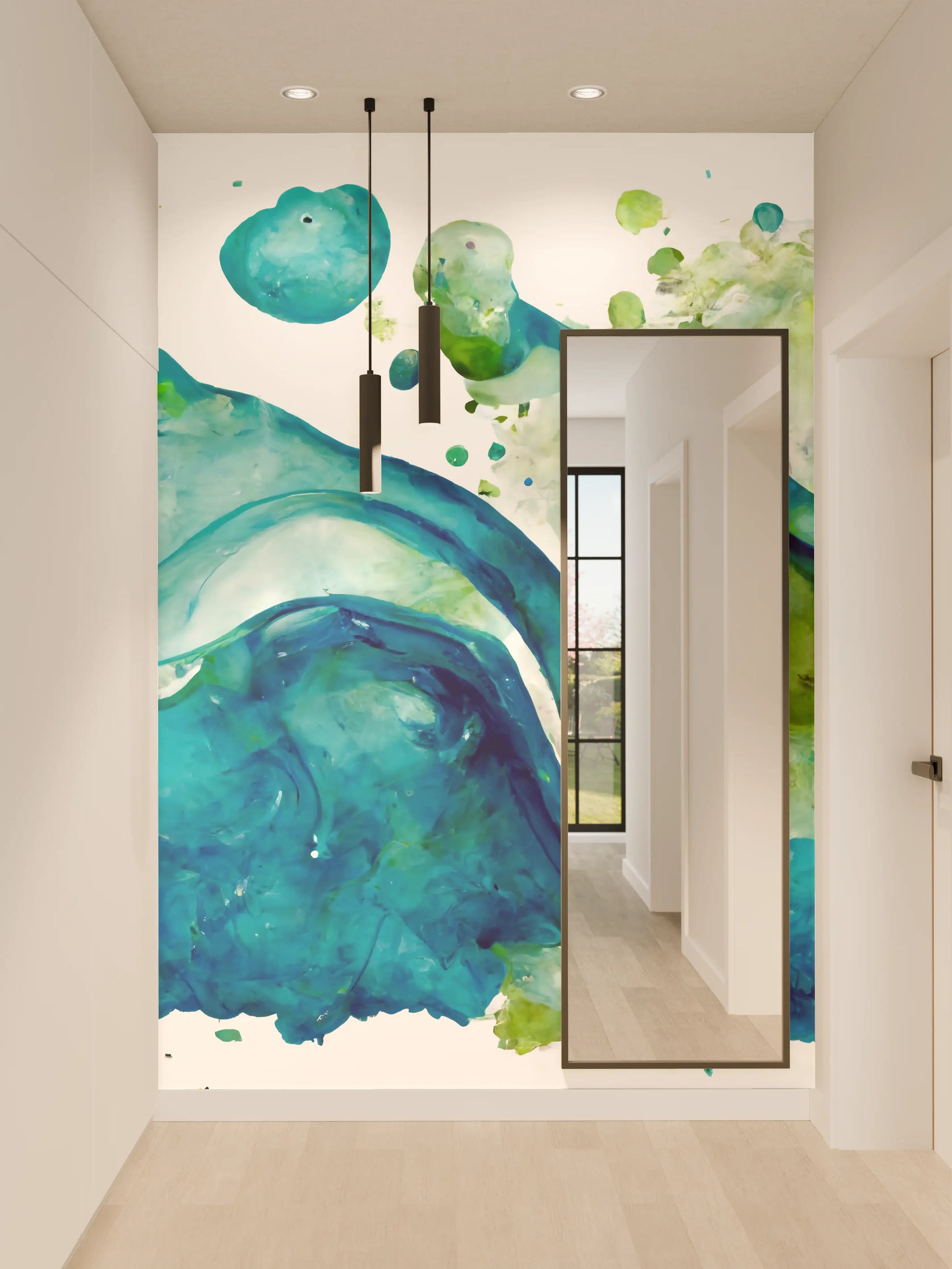 Wandverkleidung Flur - Abstrakte Wasserfarbenkunst mit Blau- und Grüntönen