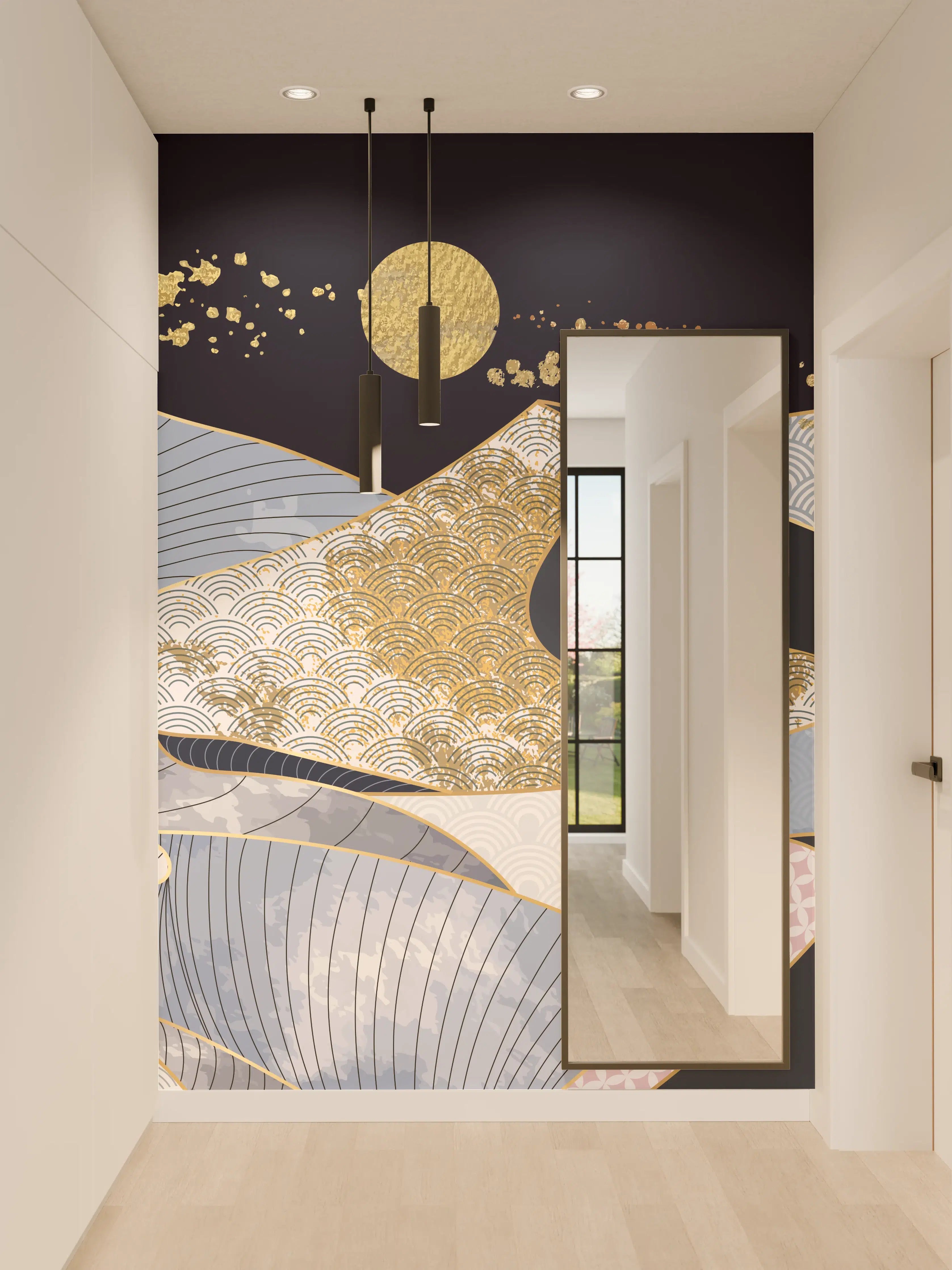Wandverkleidung Flur - Abstrakte Wellen Gold Blau