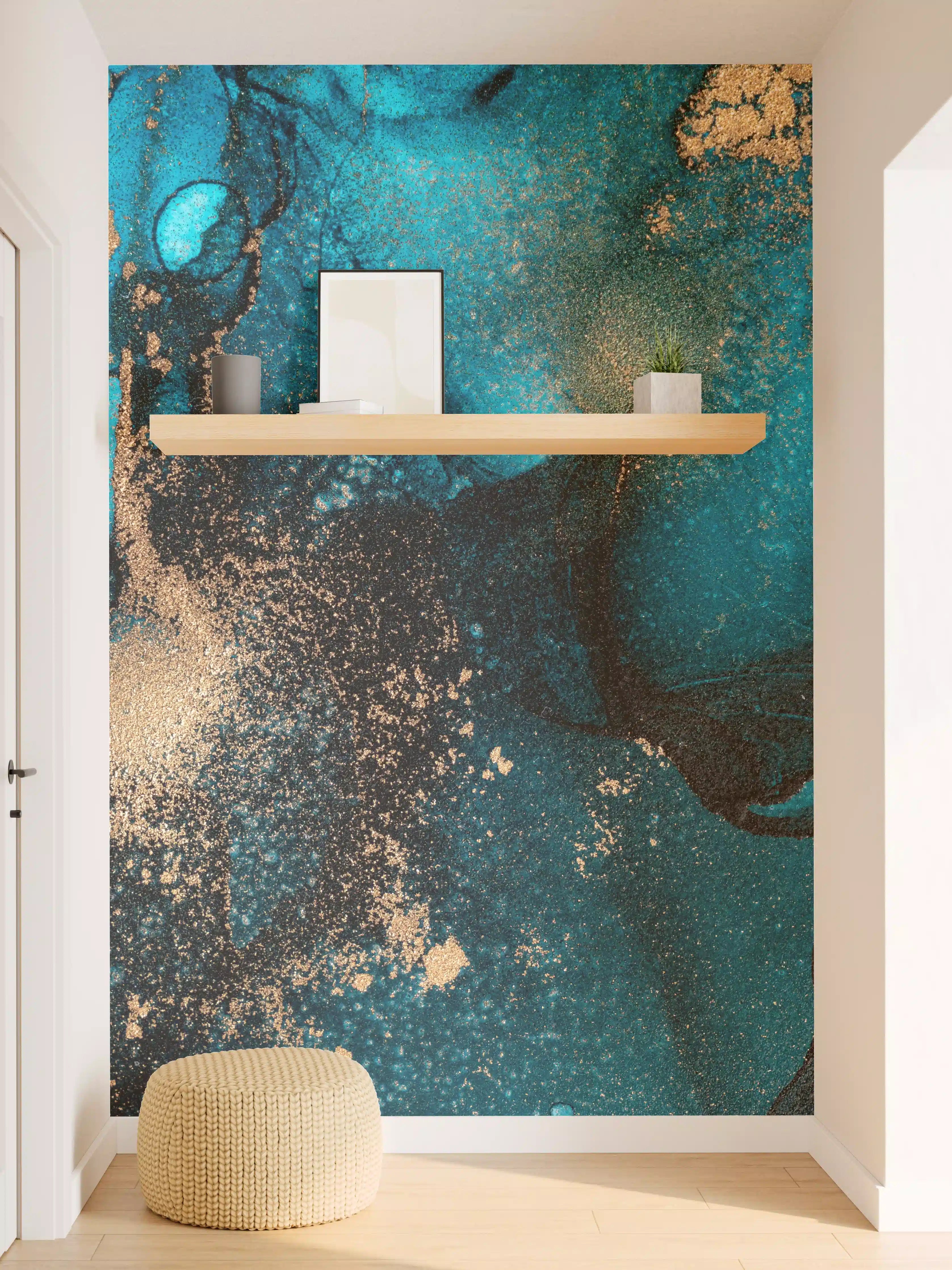 Wandverkleidung Flur - Abstraktes Aquamarin-Kunstwerk mit Goldakzenten