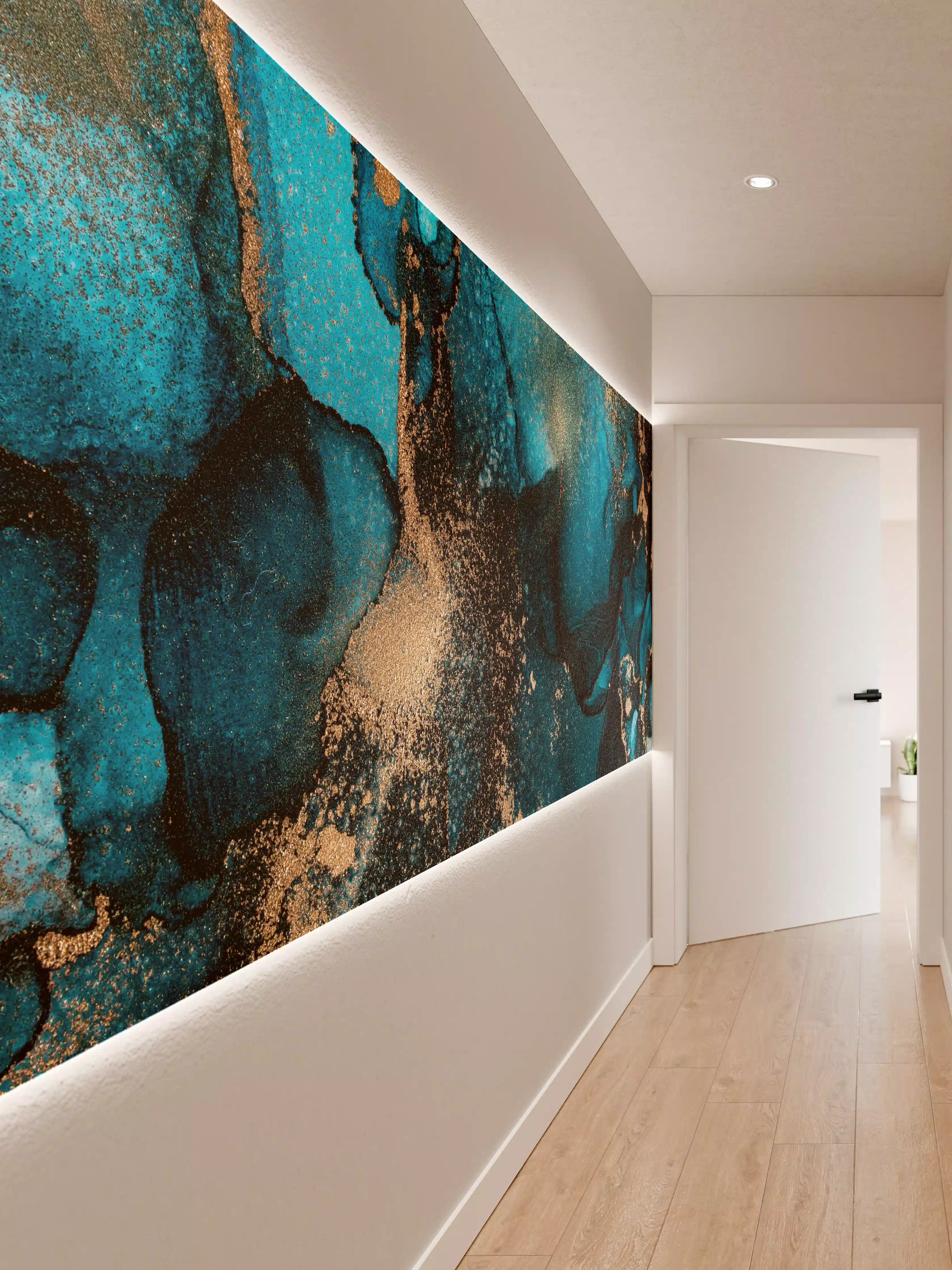 Wandverkleidung Flur - Abstraktes Aquamarin-Kunstwerk mit Goldakzenten