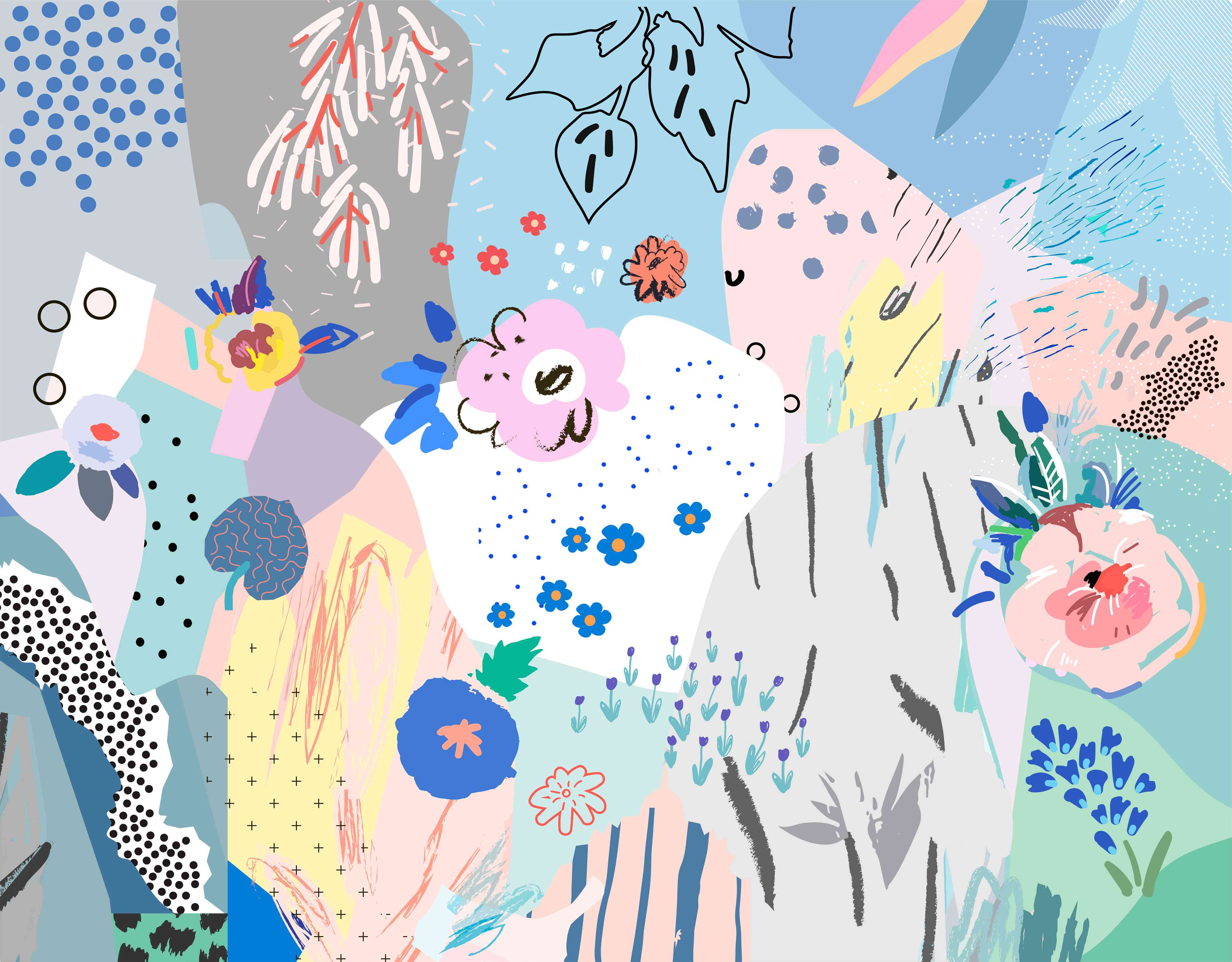 Wandverkleidung Flur-Abstraktes Blüten- und Naturmotiv in Pastellfarben