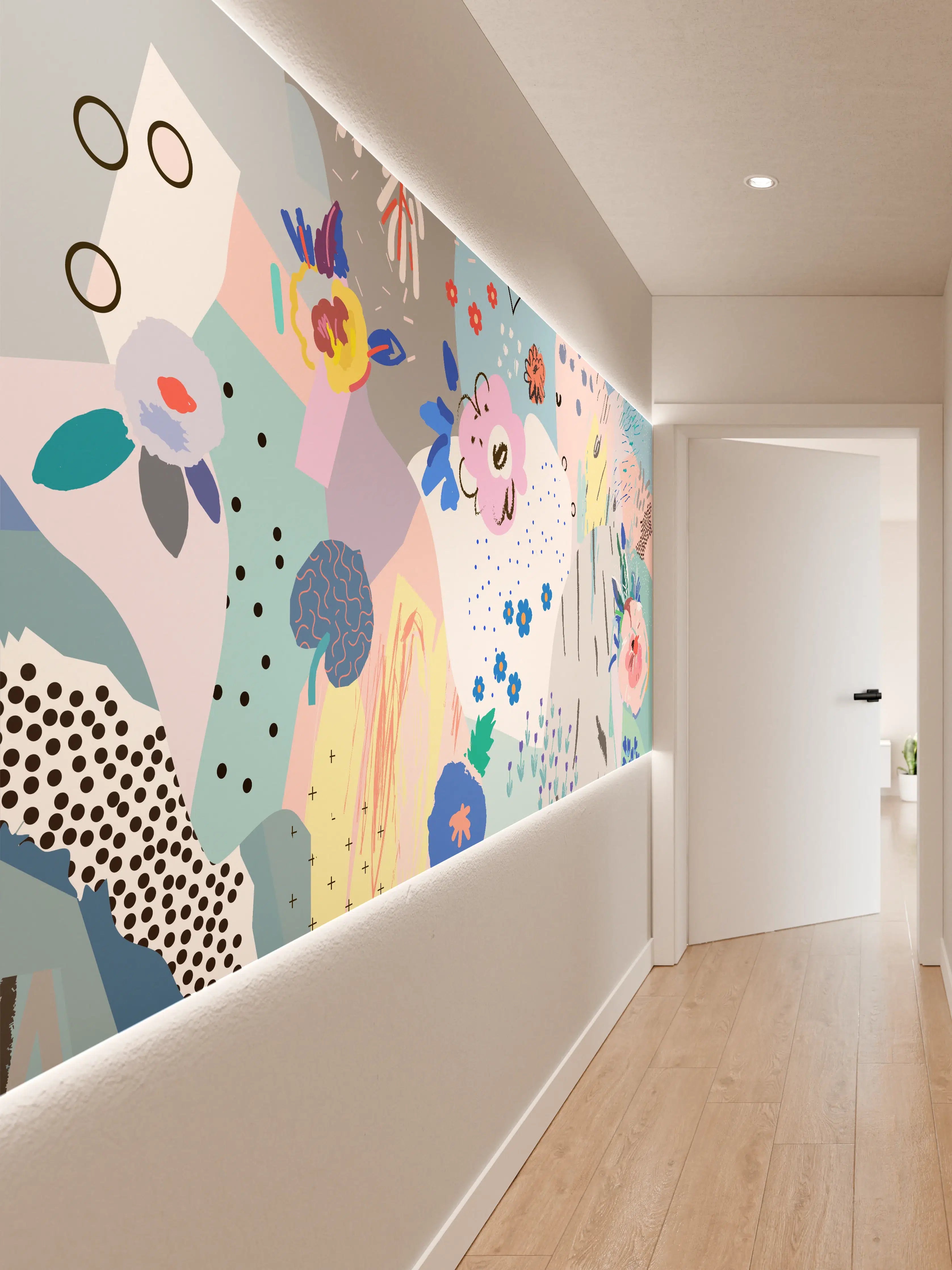 Wandverkleidung Flur - Abstraktes Blüten- und Naturmotiv in Pastellfarben