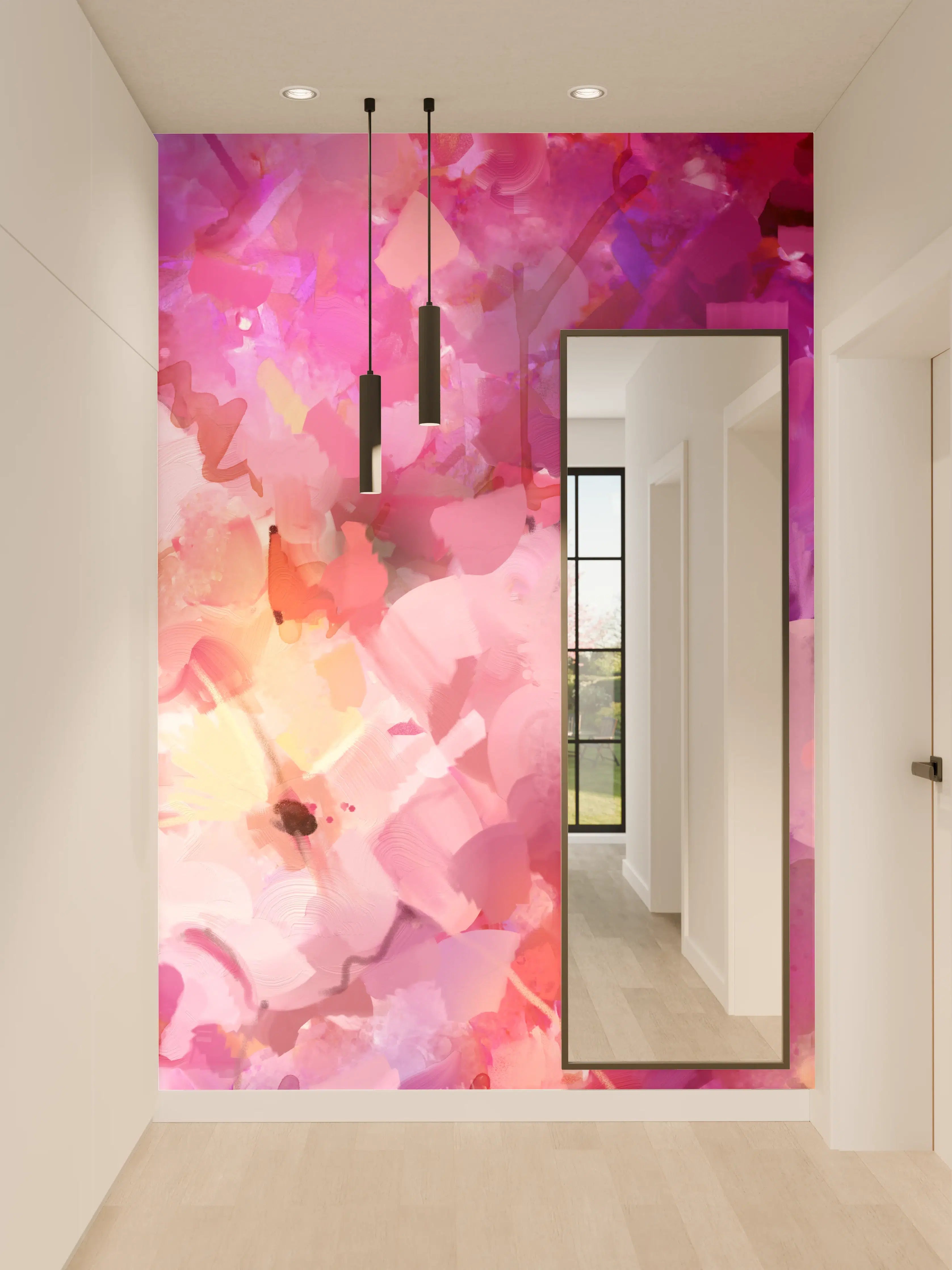 Wandverkleidung Flur - Abstraktes Blumenbild in lebhaften Pink- und Lilatönen