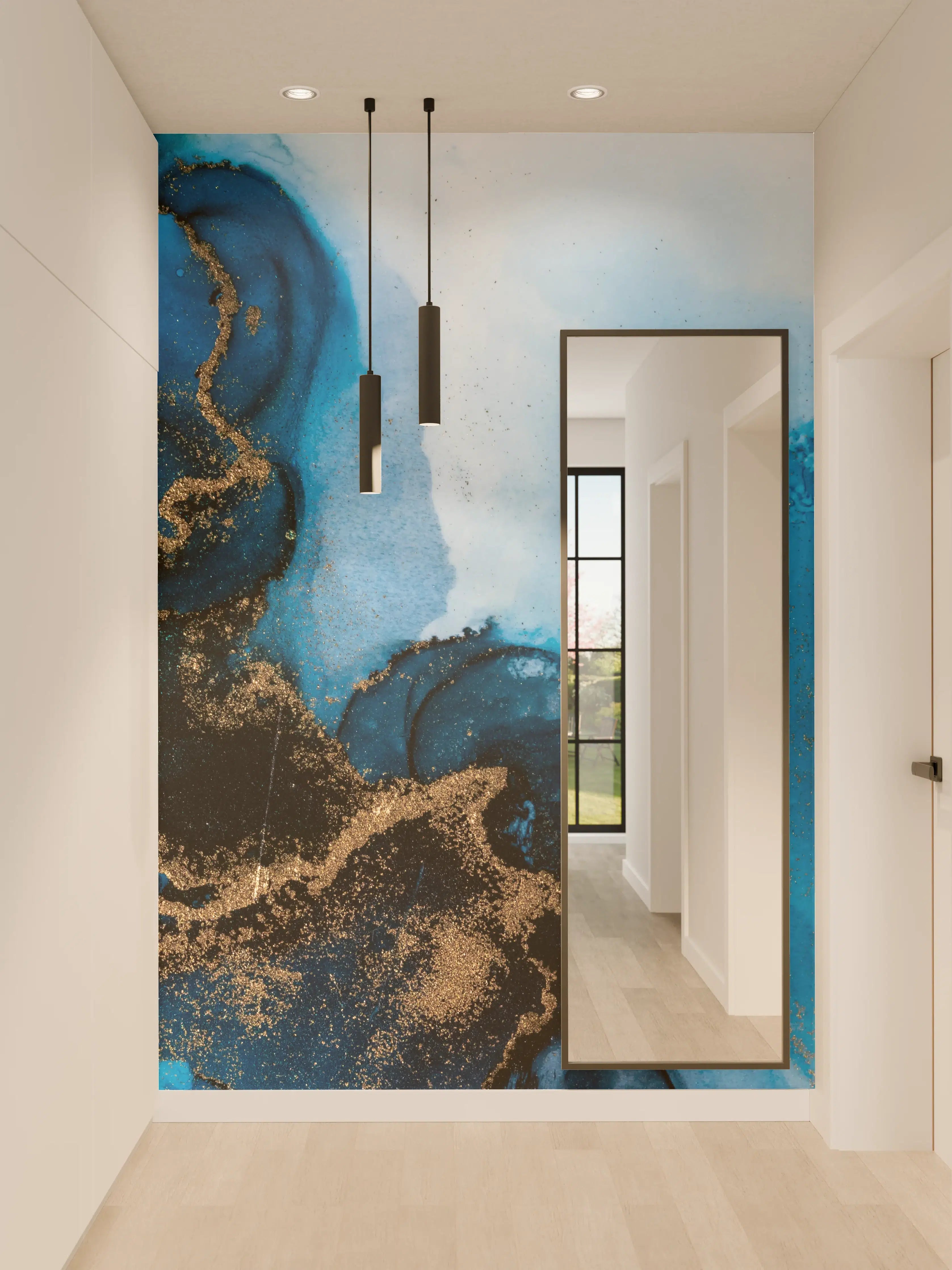 Wandverkleidung Flur - Abstraktes Kunstwerk in Blau-Gold-Tönen