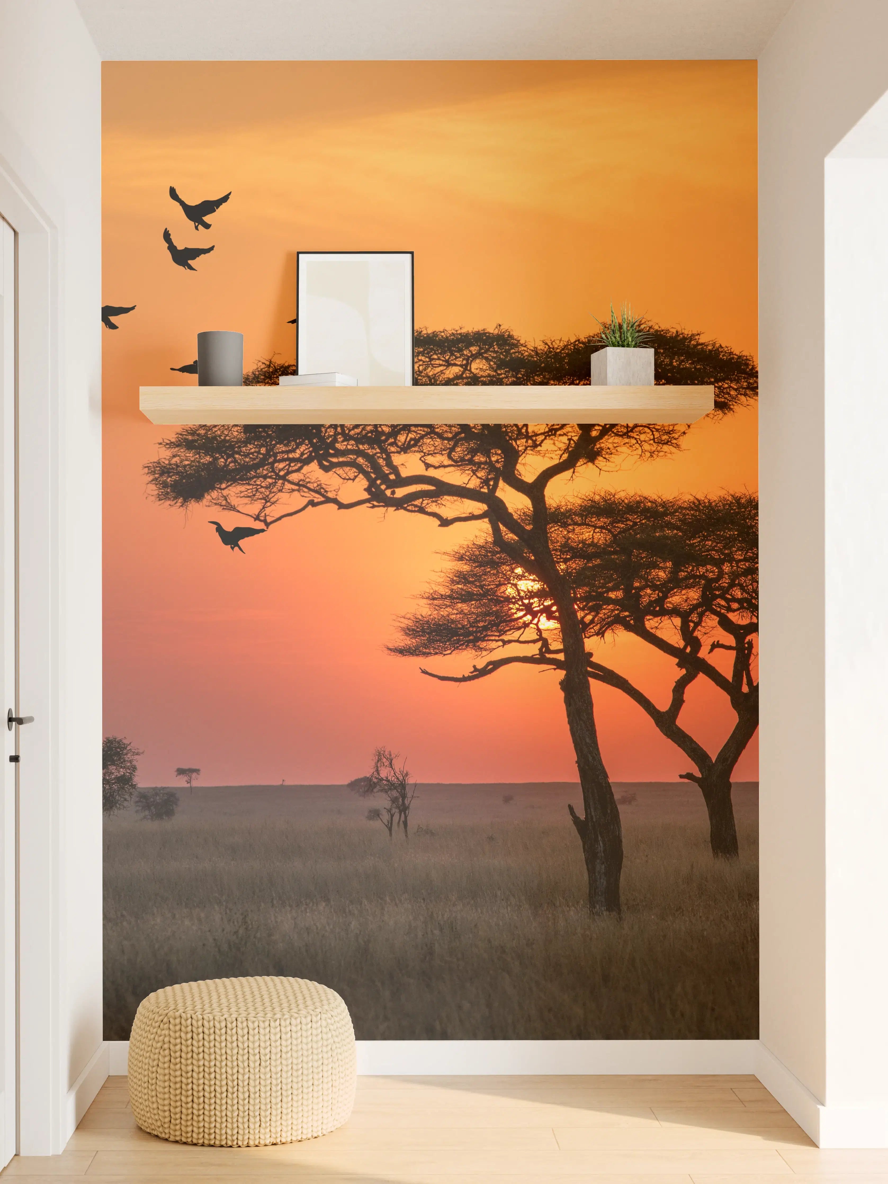 Wandverkleidung Flur - Afrikanischer Sonnenuntergang mit Baum und Vogelzug
