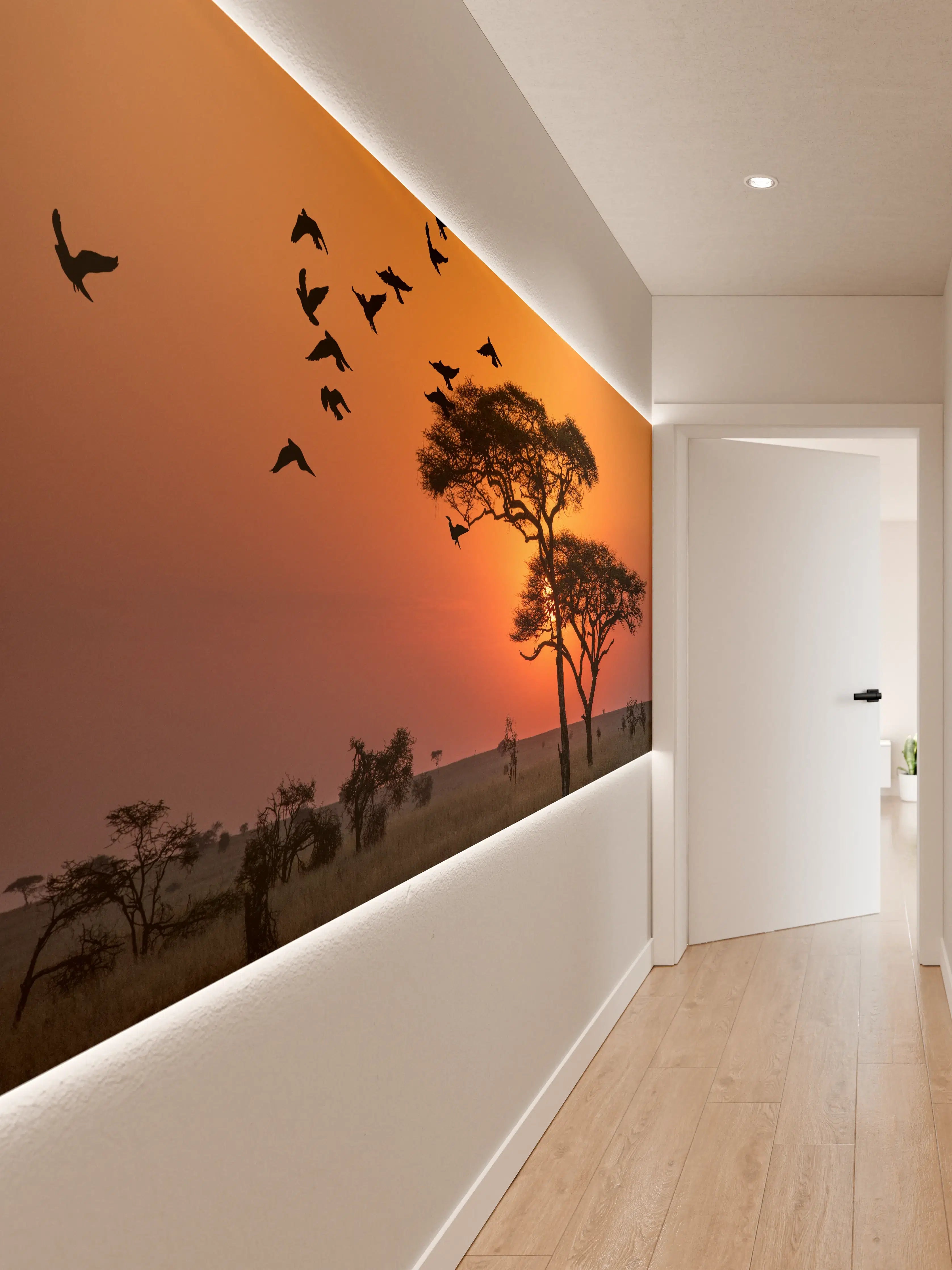 Wandverkleidung Flur - Afrikanischer Sonnenuntergang mit Baum und Vogelzug