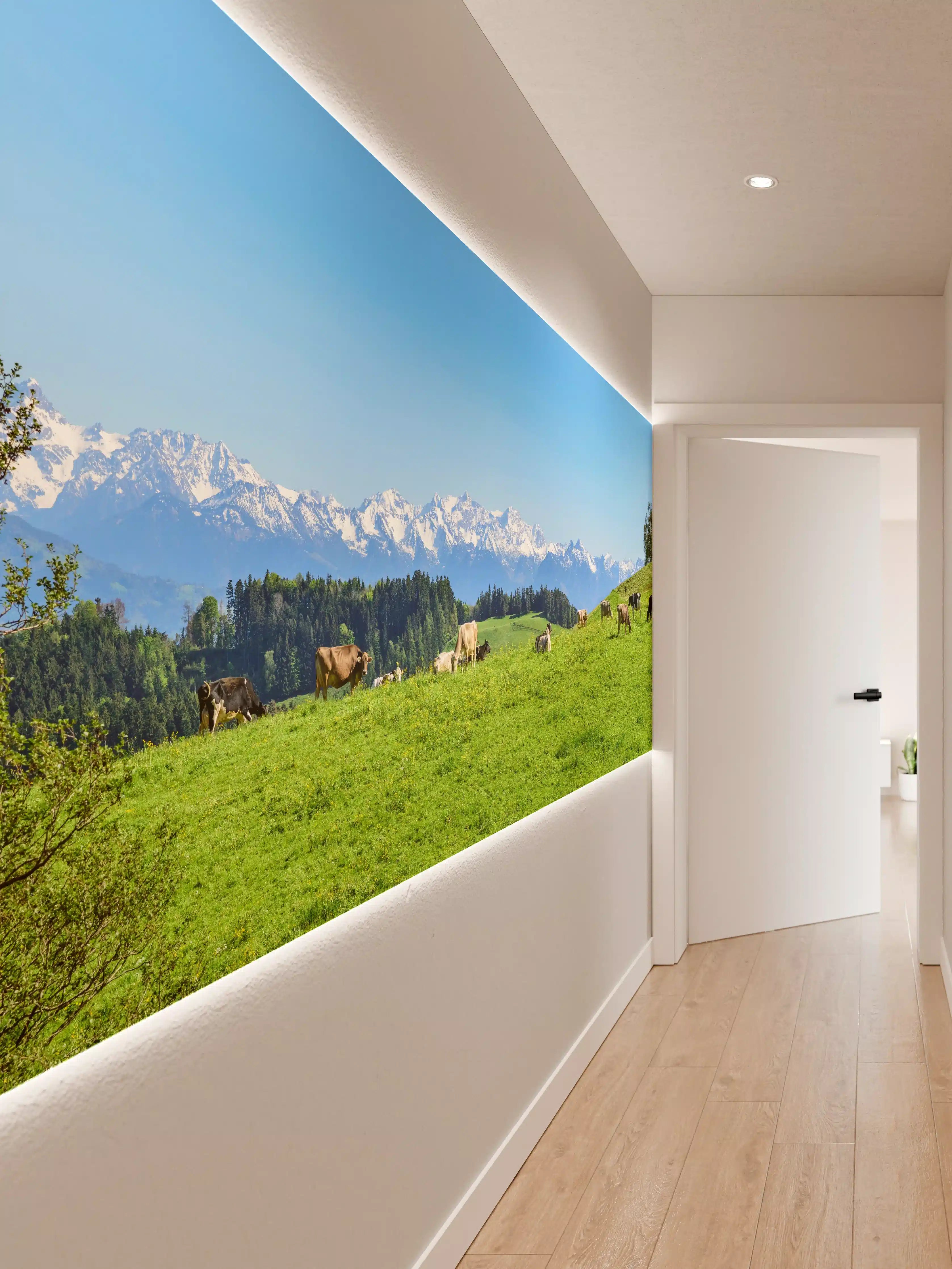 Wandverkleidung Flur - Almwiese mit Kühen und Alpenblick