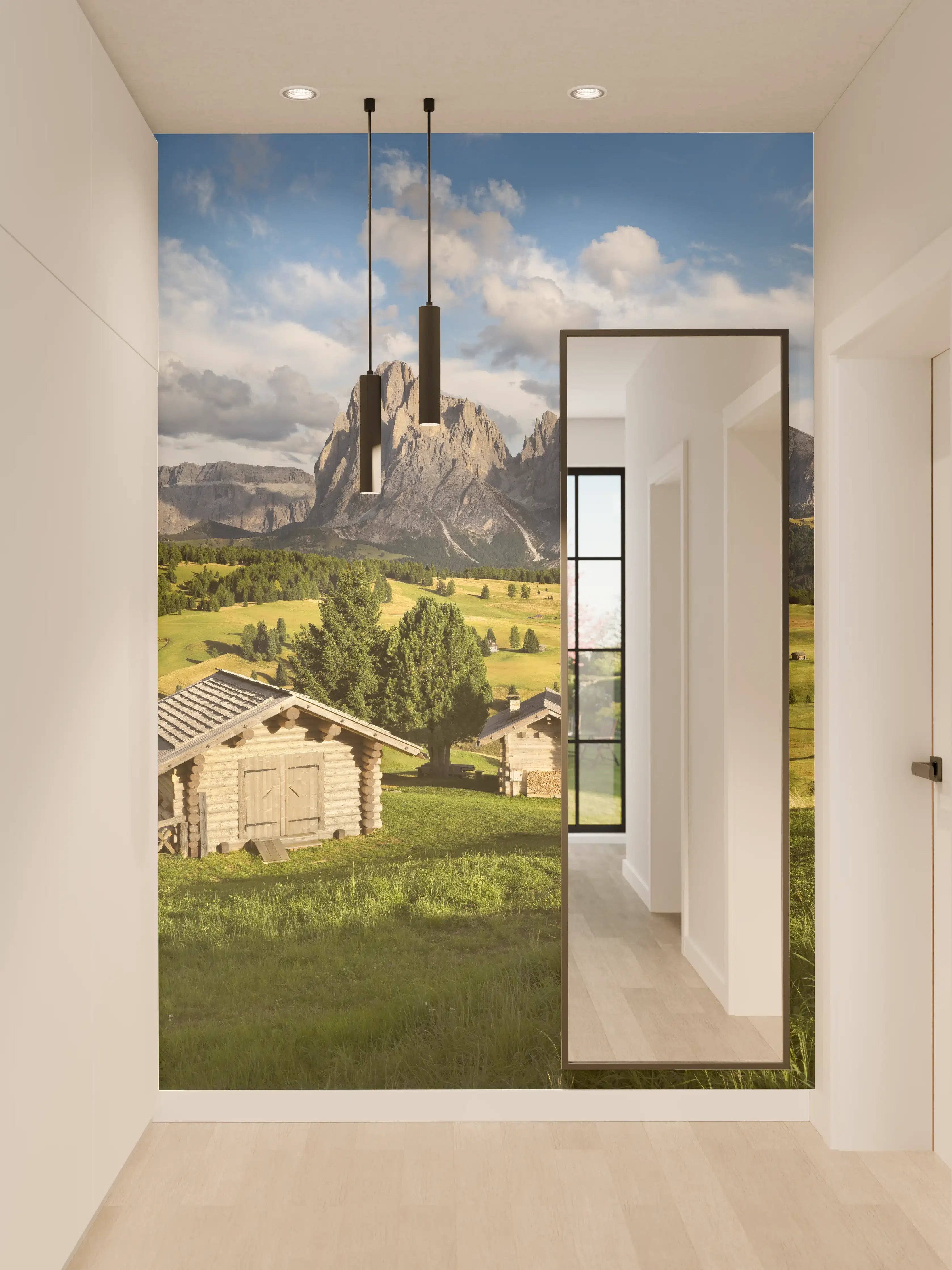 Wandverkleidung Flur - Alpenidylle mit grünen Wiesen