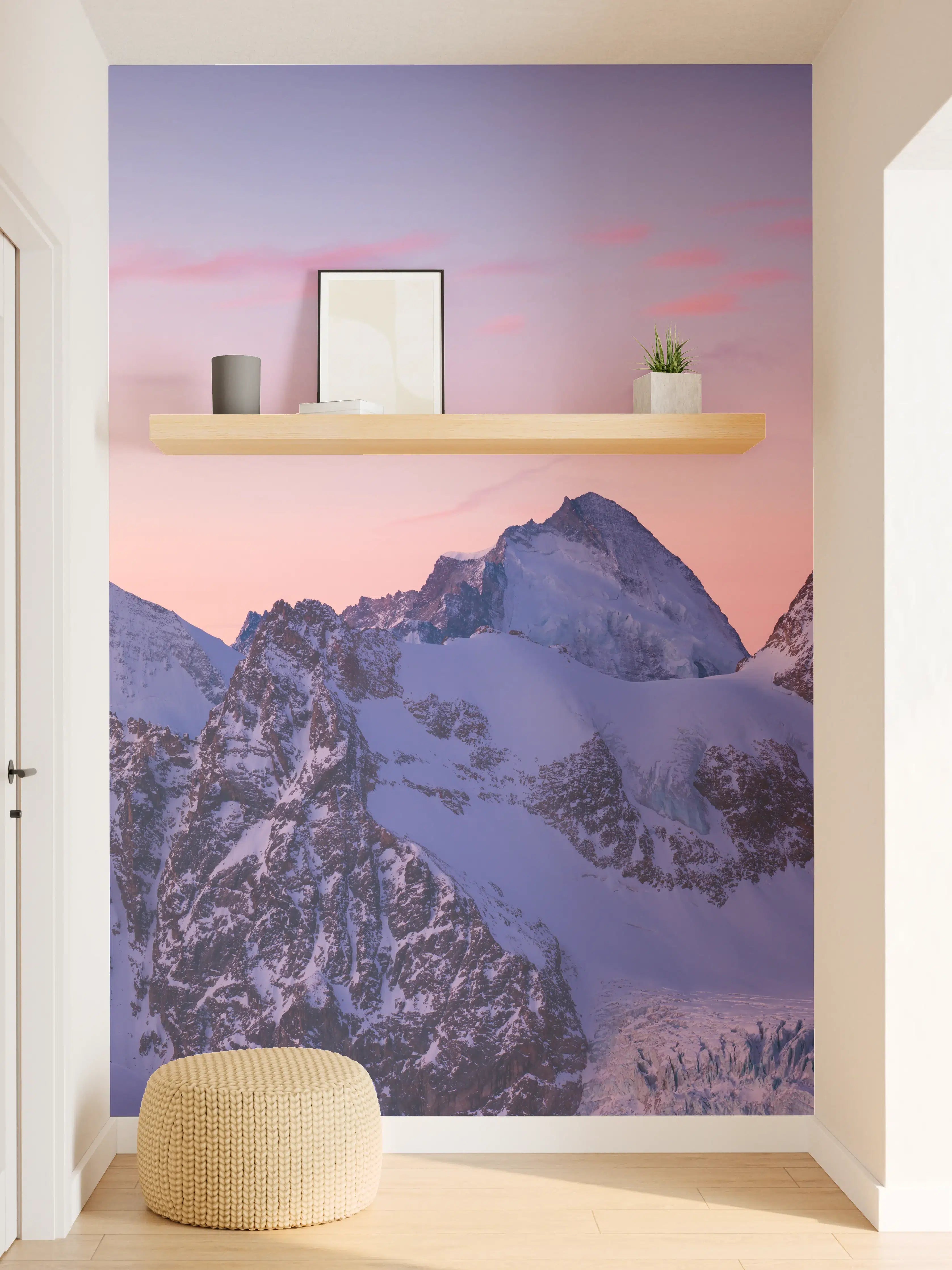 Wandverkleidung Flur - Alpenpanorama Sonnenuntergang Weiß-Rosa