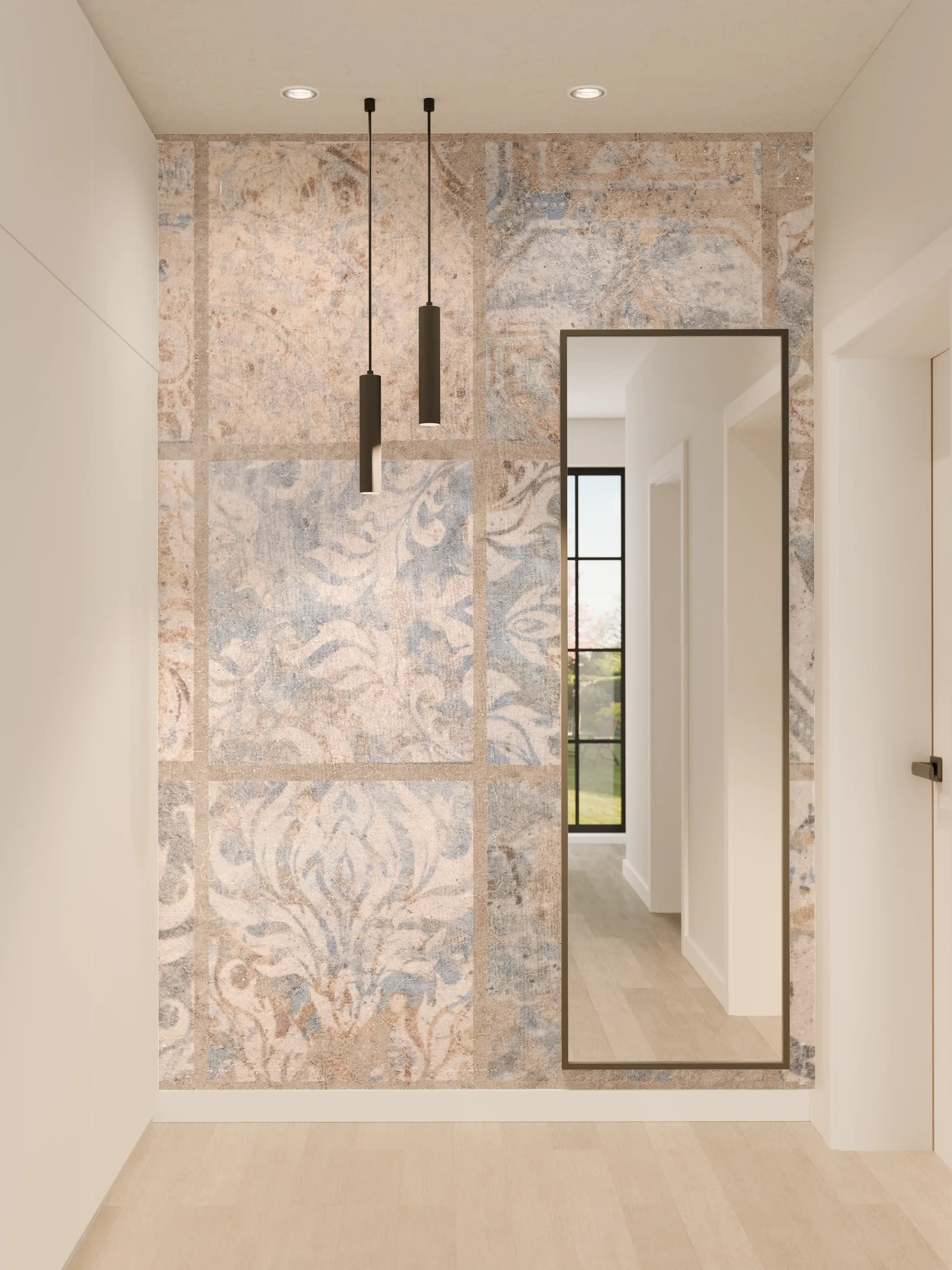 Wandverkleidung Flur - Altes blau-braun Patchwork Motiv