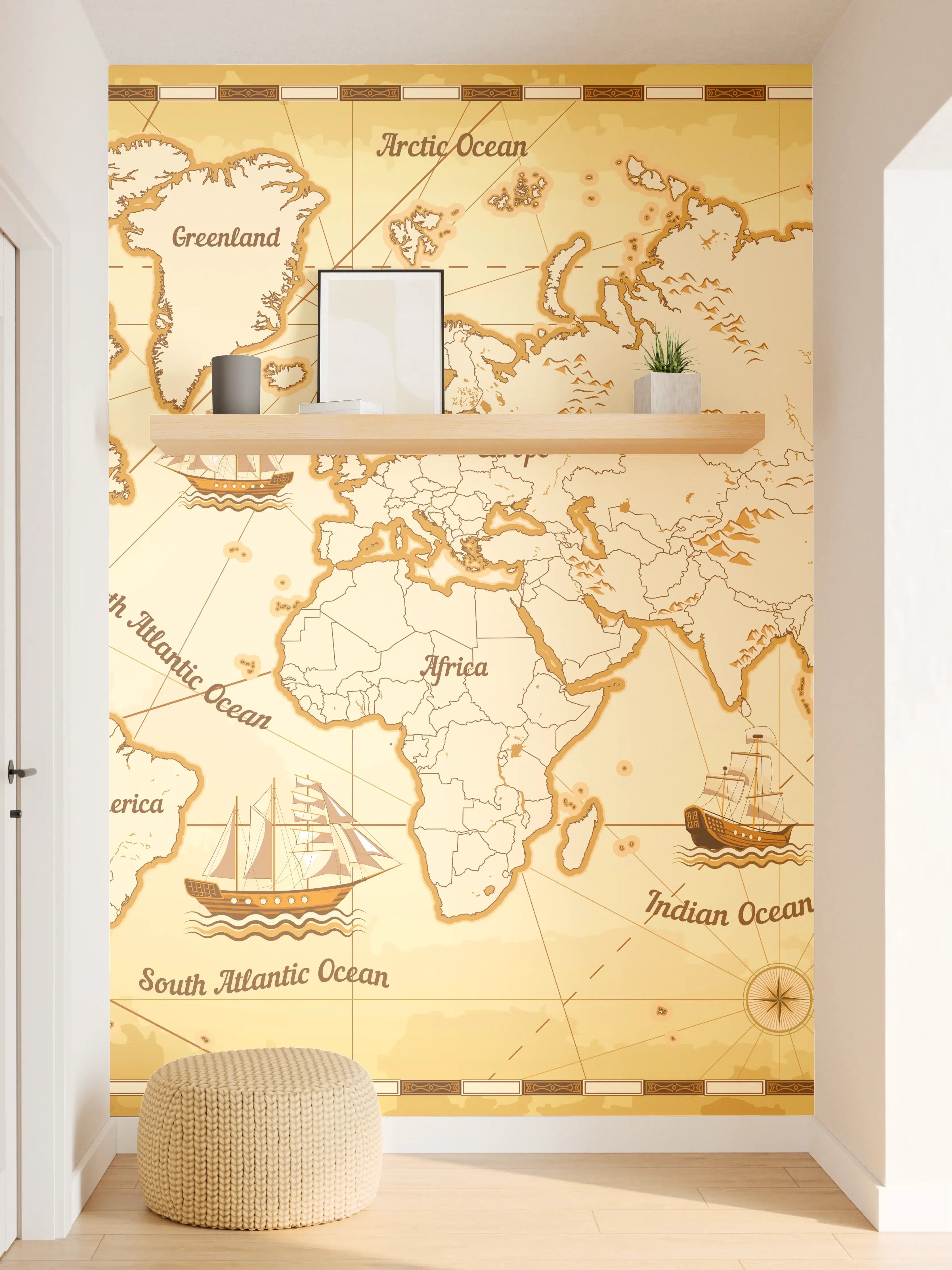 Wandverkleidung Flur - Antike Weltkarte mit Segelschiffen und Kompass