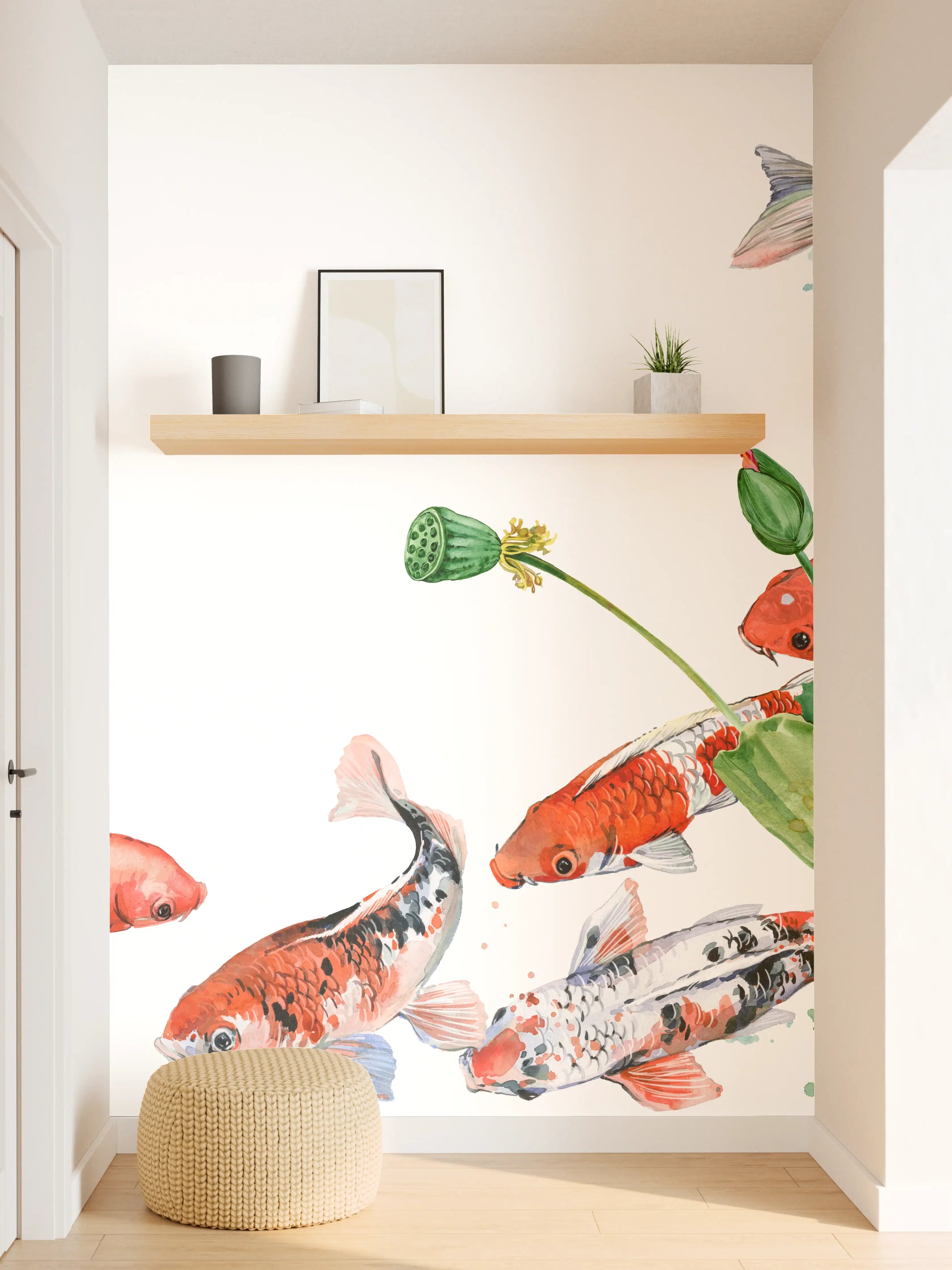 Wandverkleidung Flur - Aquarell Koi Karpfen und Lotusblume