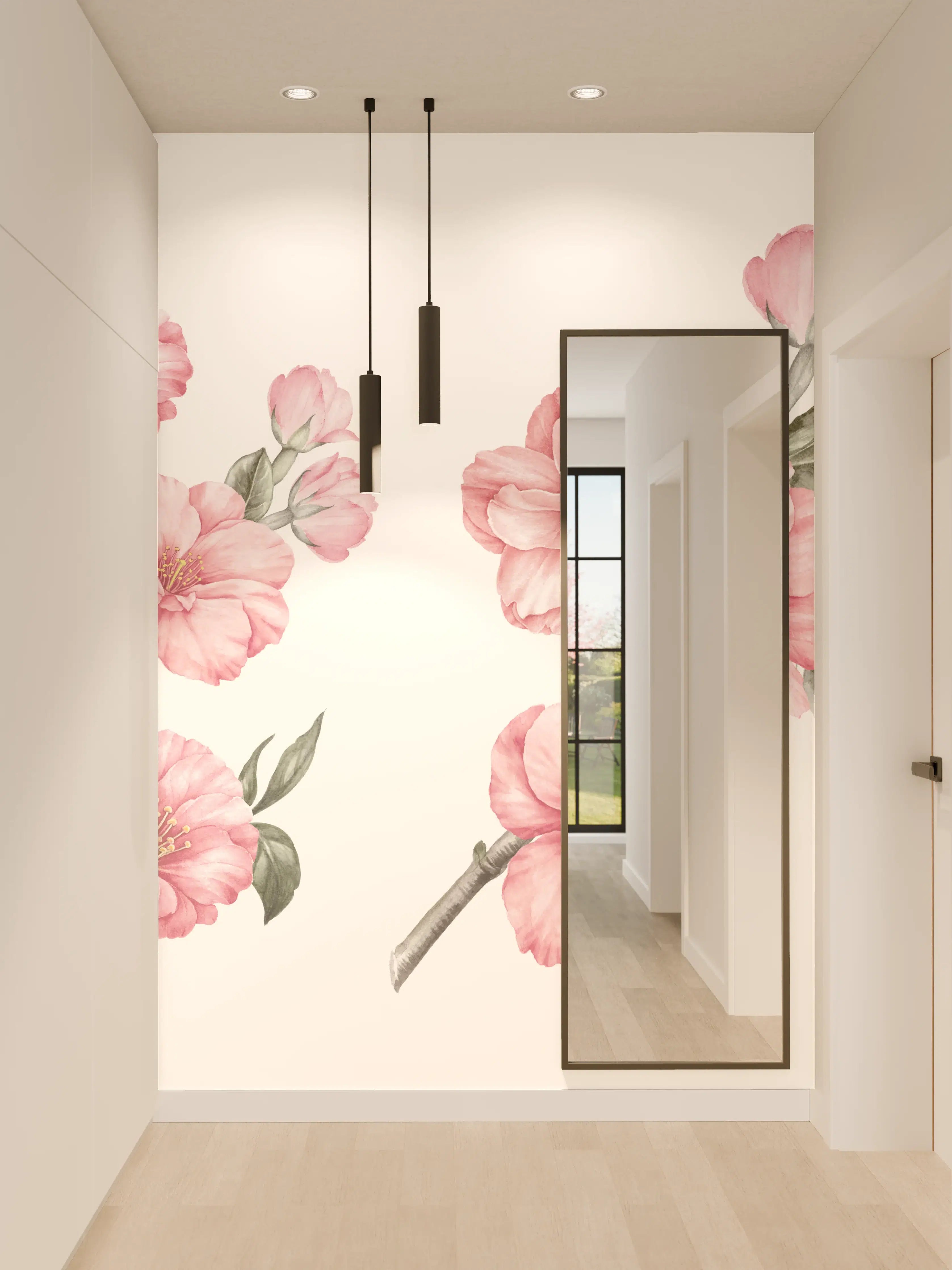 Wandverkleidung Flur - Aquarellelemente von blühenden Sakura