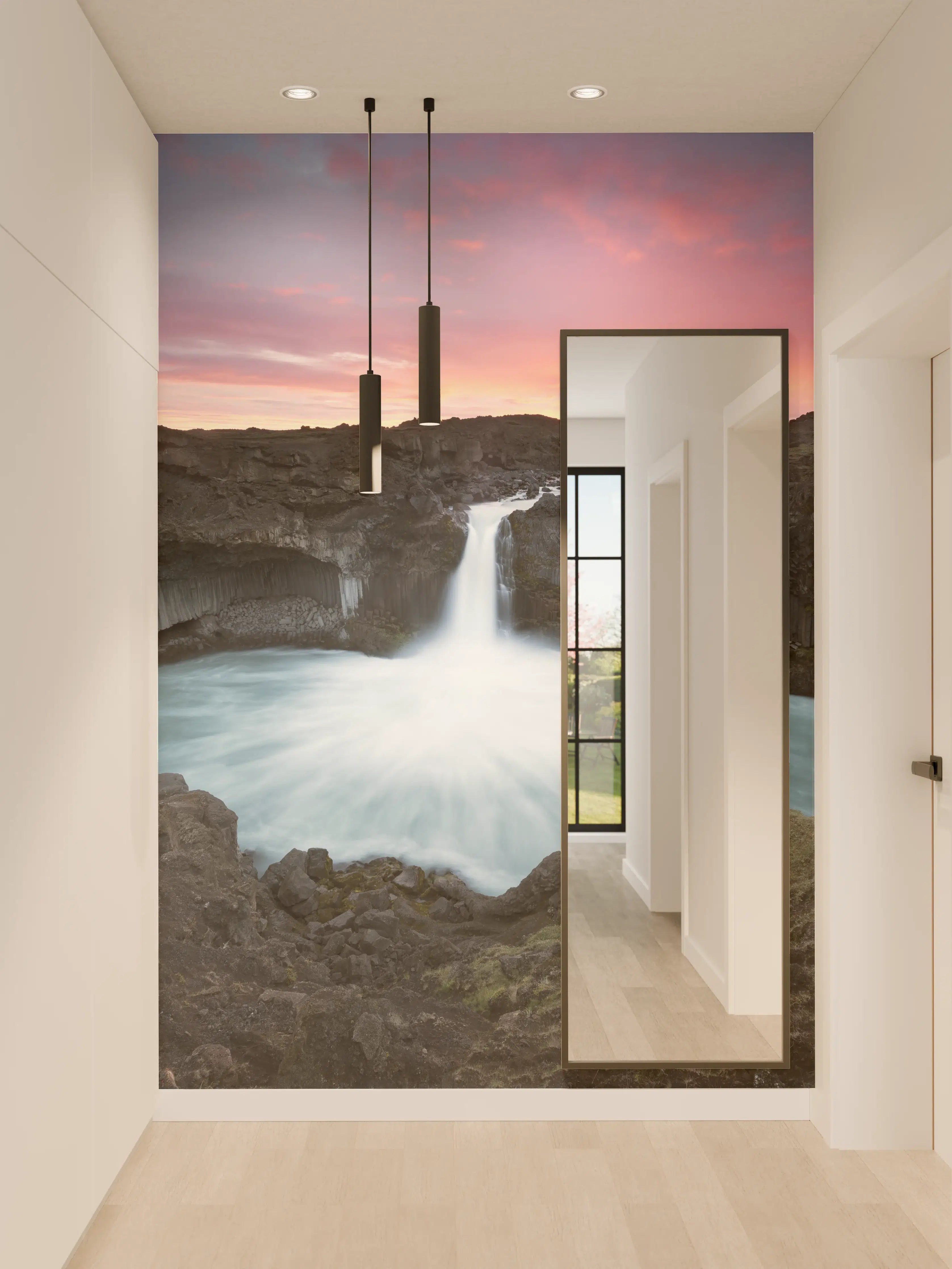 Wandverkleidung Flur - Beeindruckende Wasserfall-Landschaft bei Sonnenuntergang