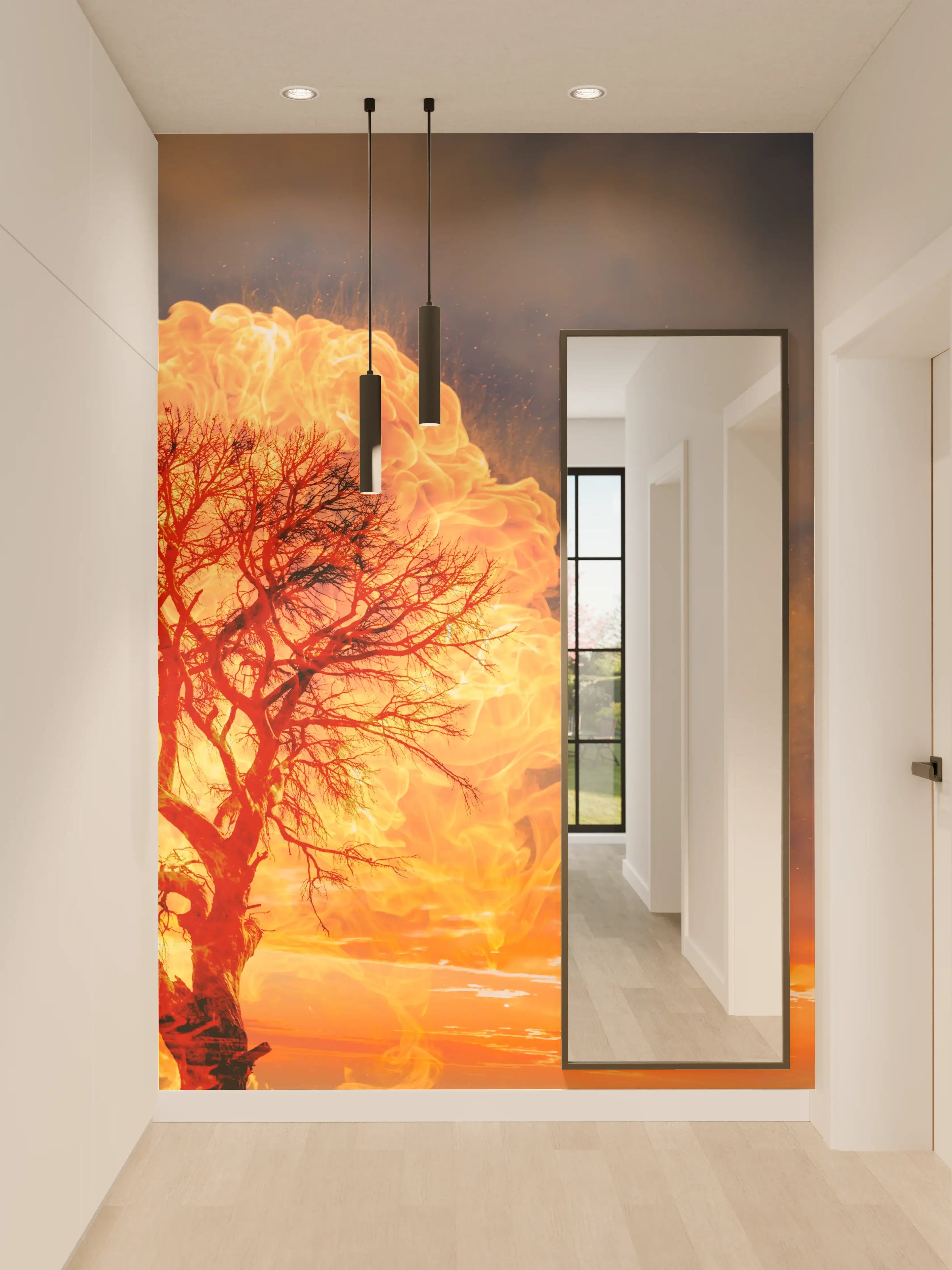 Wandverkleidung Flur - Beeindruckender Sonnenuntergang mit Baum in Flammenoptik