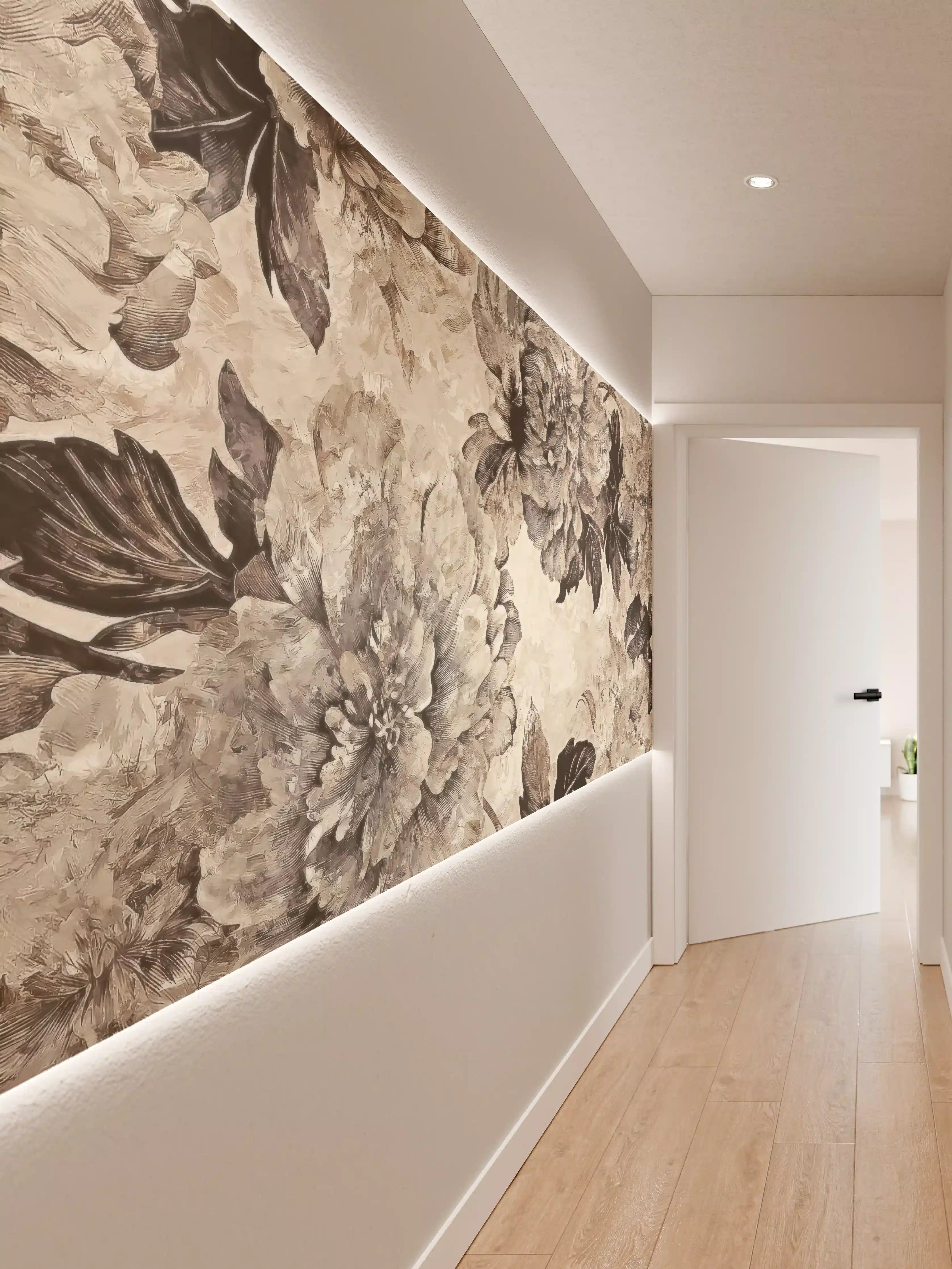 Wandverkleidung Flur - Beige Blumenpanorama Kunstwerk
