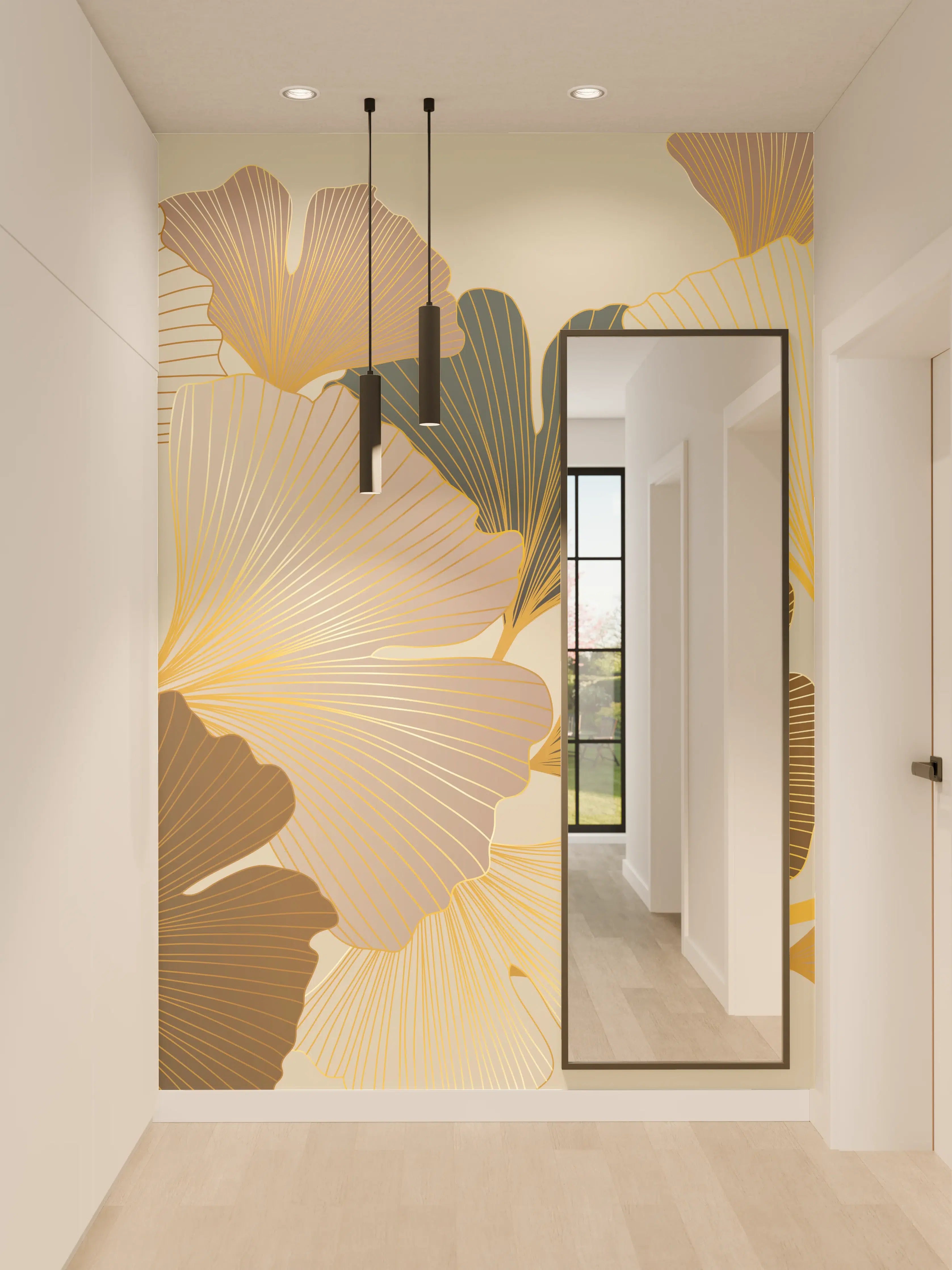 Wandverkleidung Flur - Beige Ginkgo Blattmuster Tapete